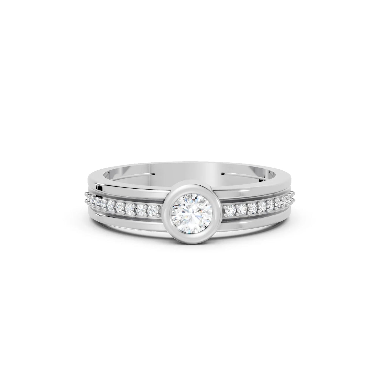 14K Gold Round Cut Diamond Double Band Bezel Engagement Ring with Accents