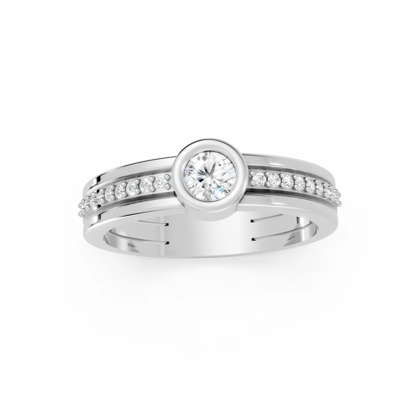 14K Gold Round Cut Diamond Double Band Bezel Engagement Ring with Accents