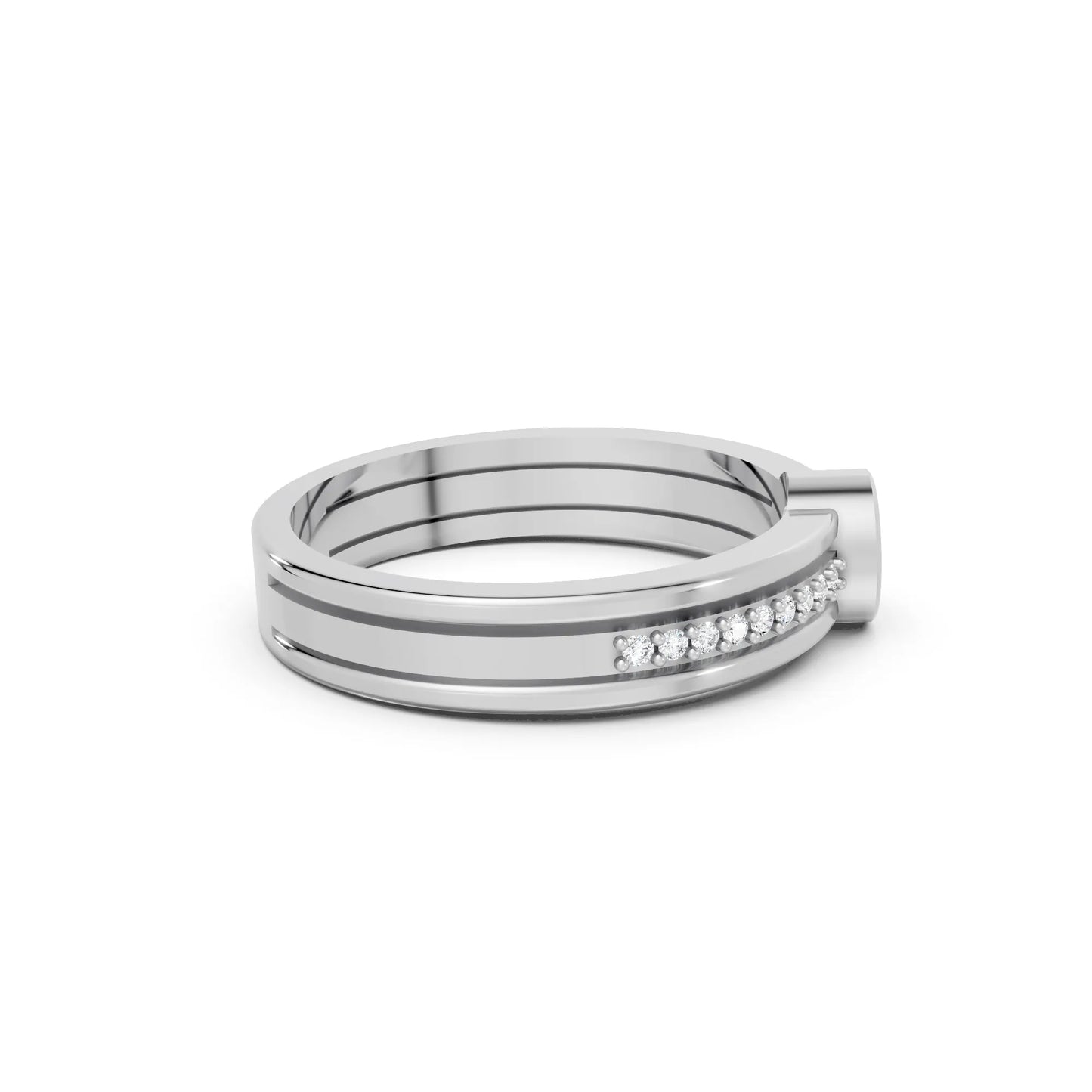 14K Gold Round Cut Diamond Double Band Bezel Engagement Ring with Accents