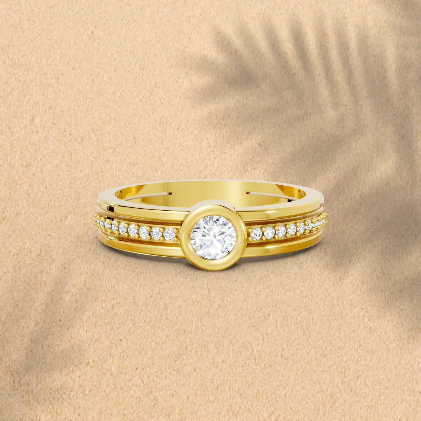 14K Gold Round Cut Diamond Double Band Bezel Engagement Ring with Accents