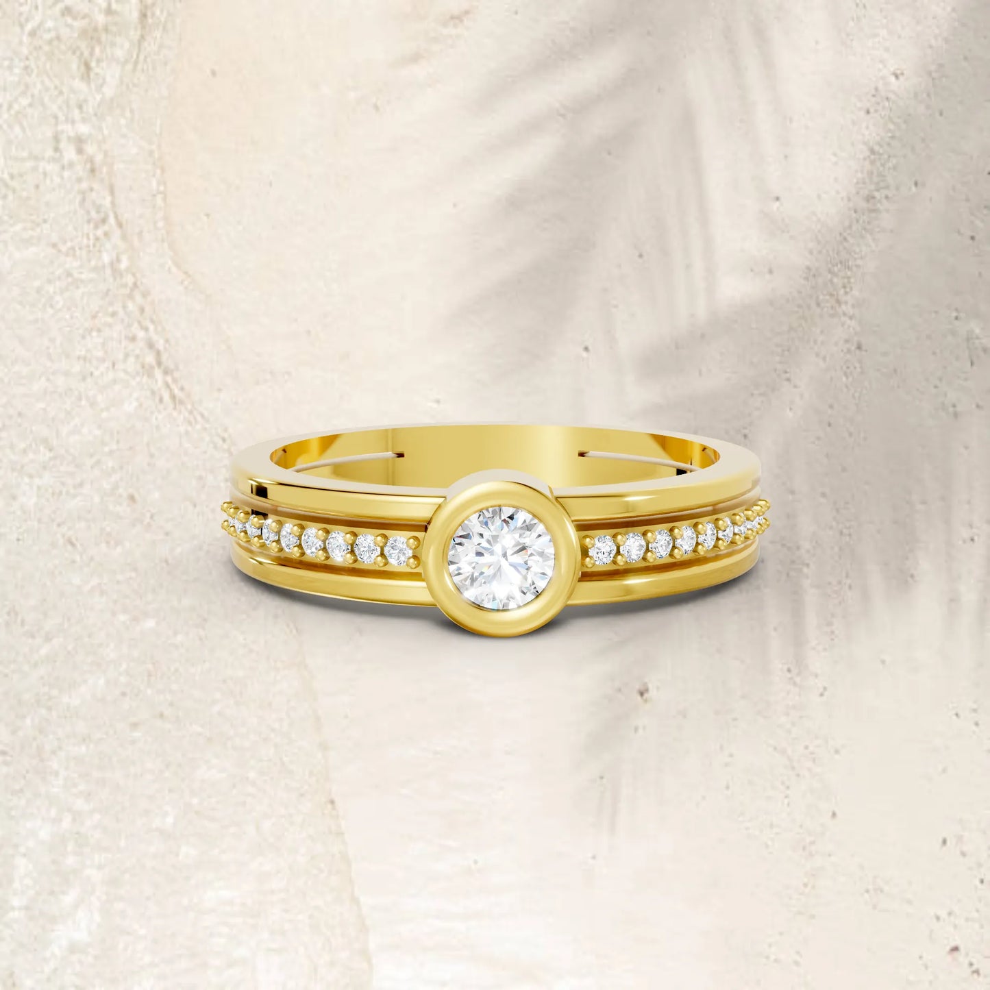 14K Gold Round Cut Diamond Double Band Bezel Engagement Ring with Accents