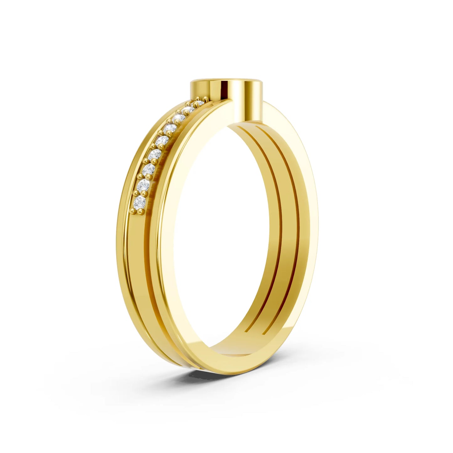 14K Gold Round Cut Diamond Double Band Bezel Engagement Ring with Accents
