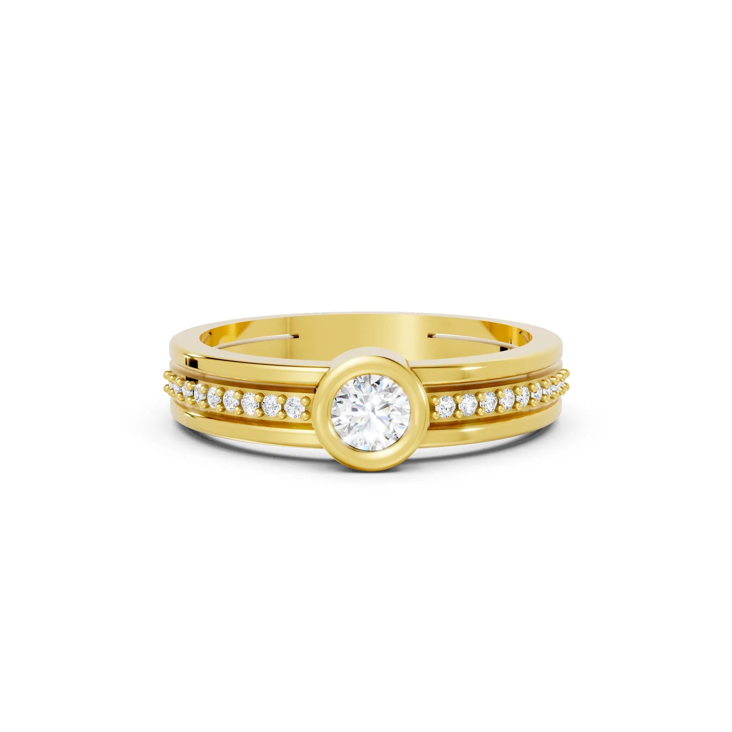 14K Gold Round Cut Diamond Double Band Bezel Engagement Ring with Accents