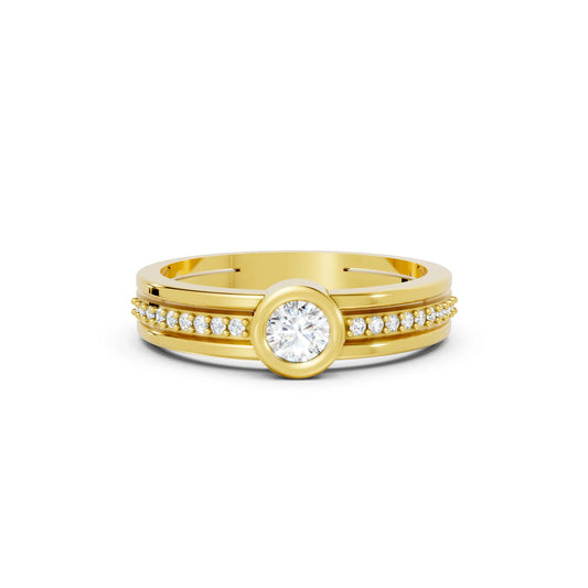 14K Gold Round Cut Diamond Double Band Bezel Engagement Ring with Accents