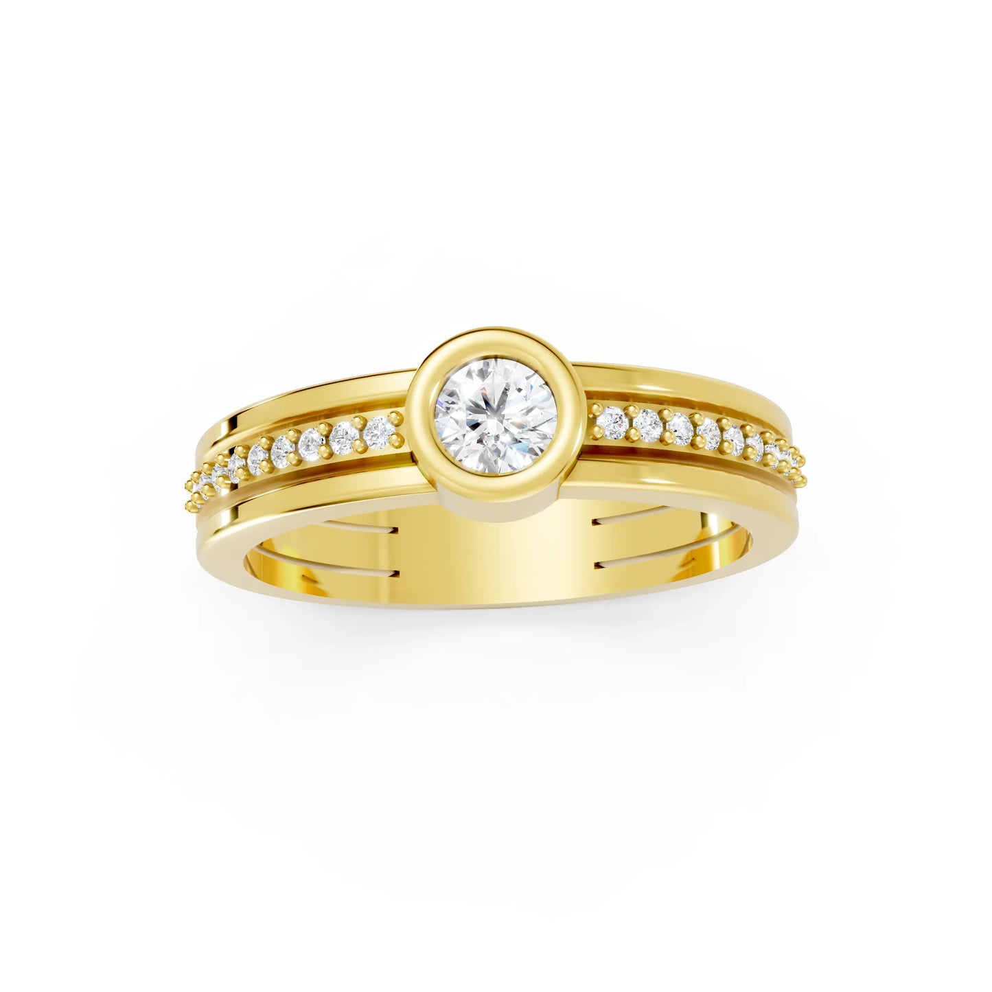 14K Gold Round Cut Diamond Double Band Bezel Engagement Ring with Accents