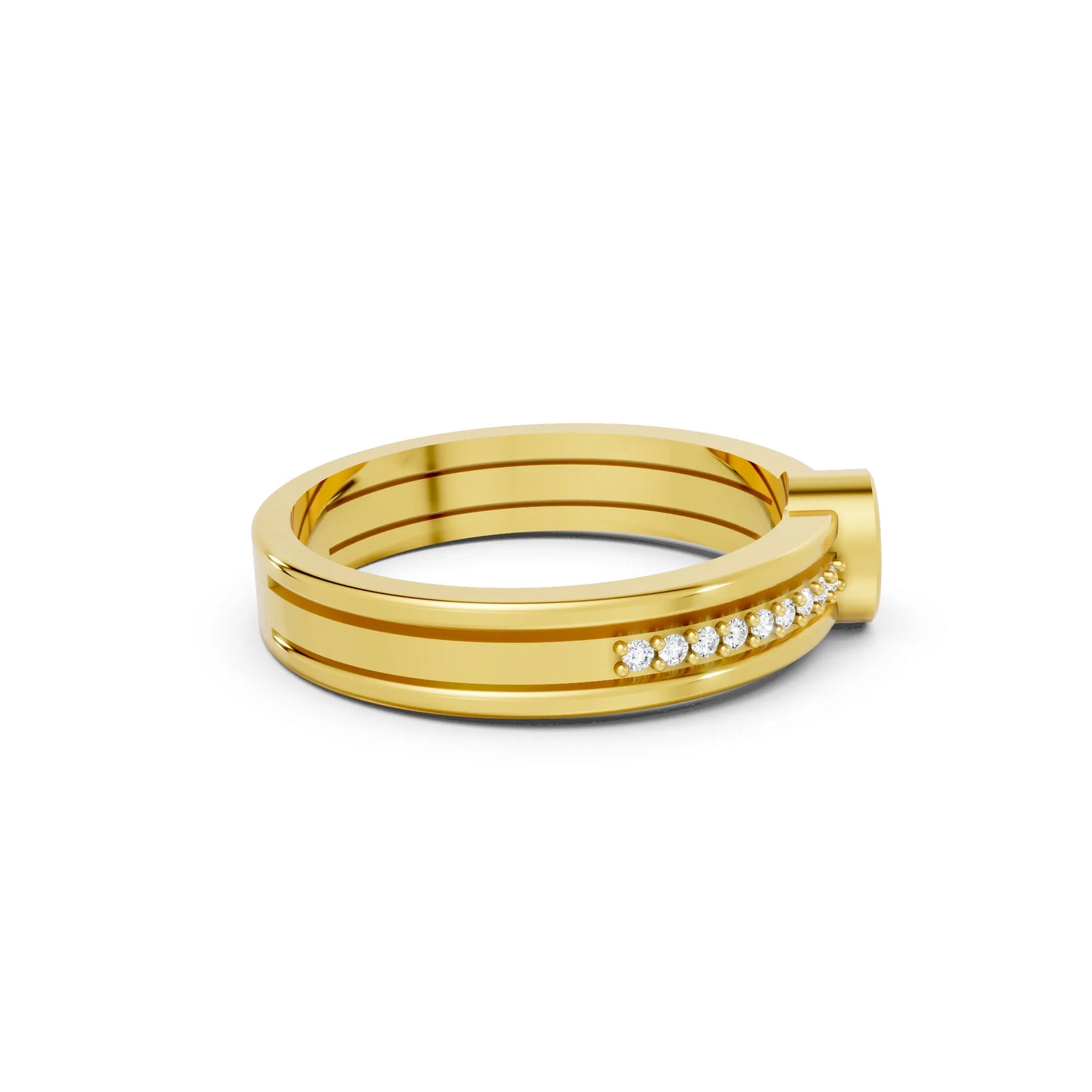 14K Gold Round Cut Diamond Double Band Bezel Engagement Ring with Accents