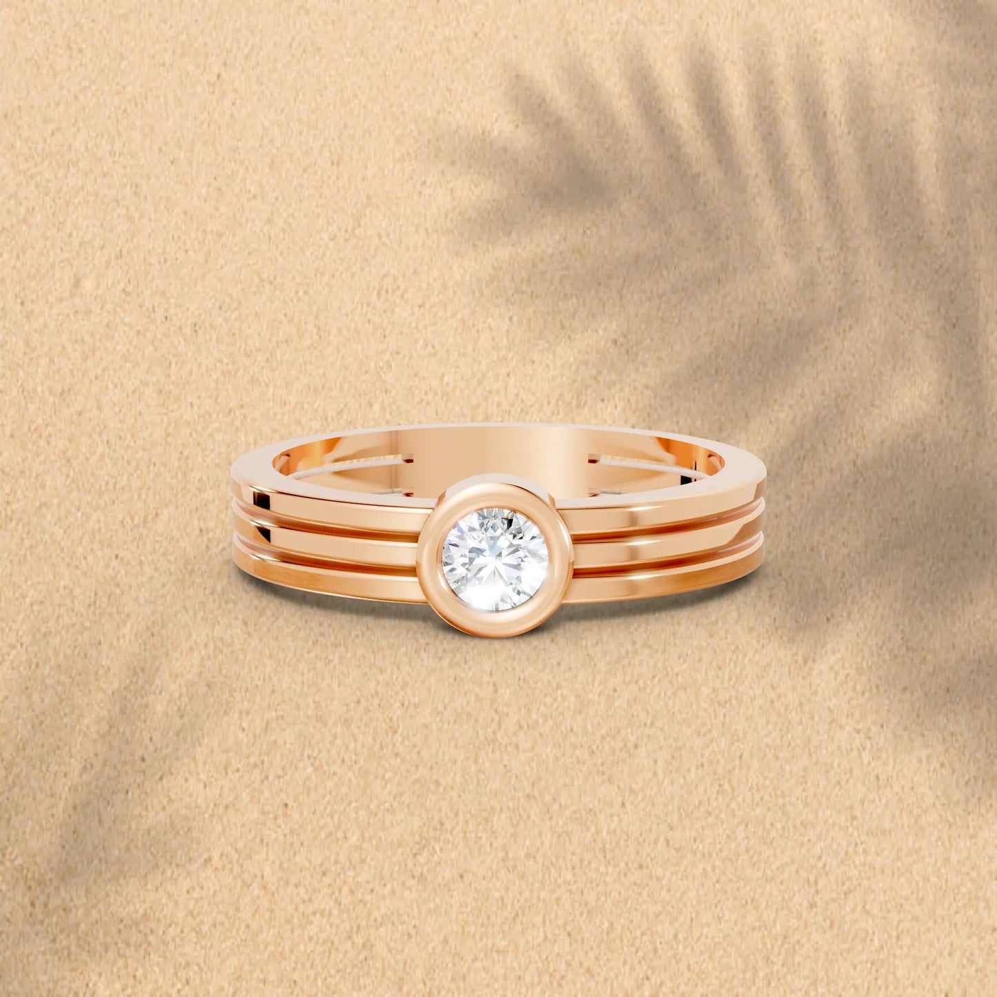 14K Gold Round Cut Diamond Double Band Bezel Engagement Ring