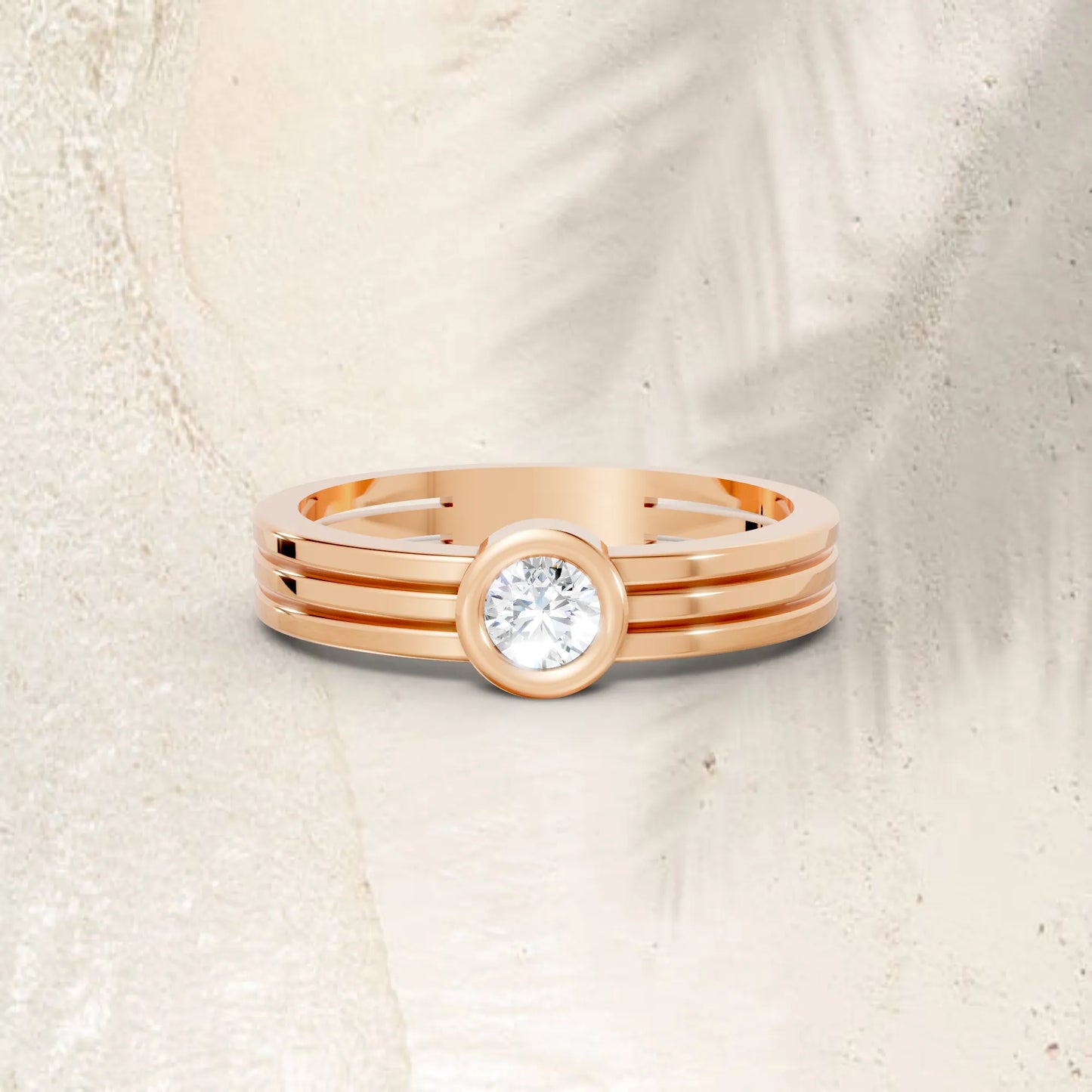 14K Gold Round Cut Diamond Double Band Bezel Engagement Ring