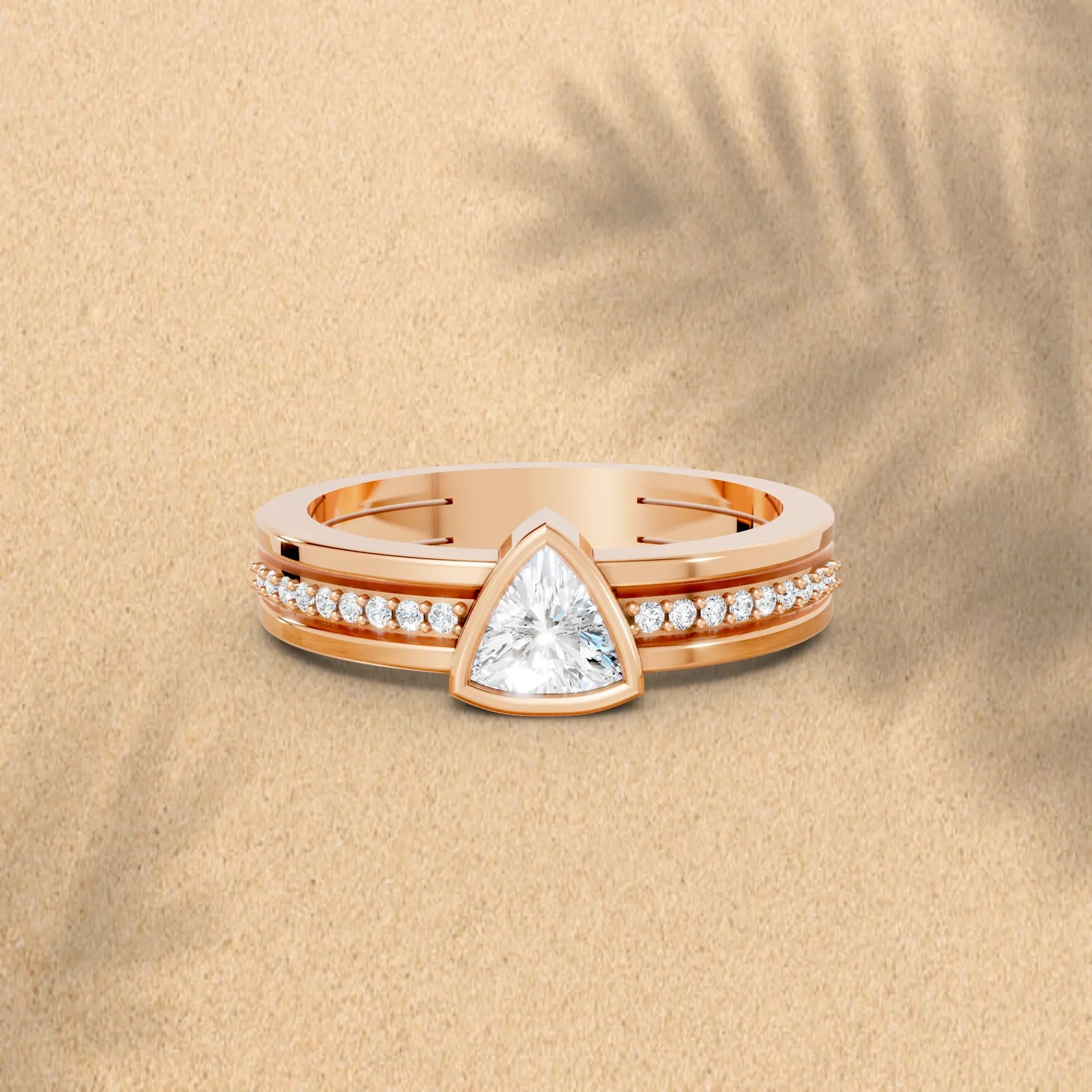 14K Gold Trillion Cut Diamond Double Band Bezel Engagement Ring with Accents