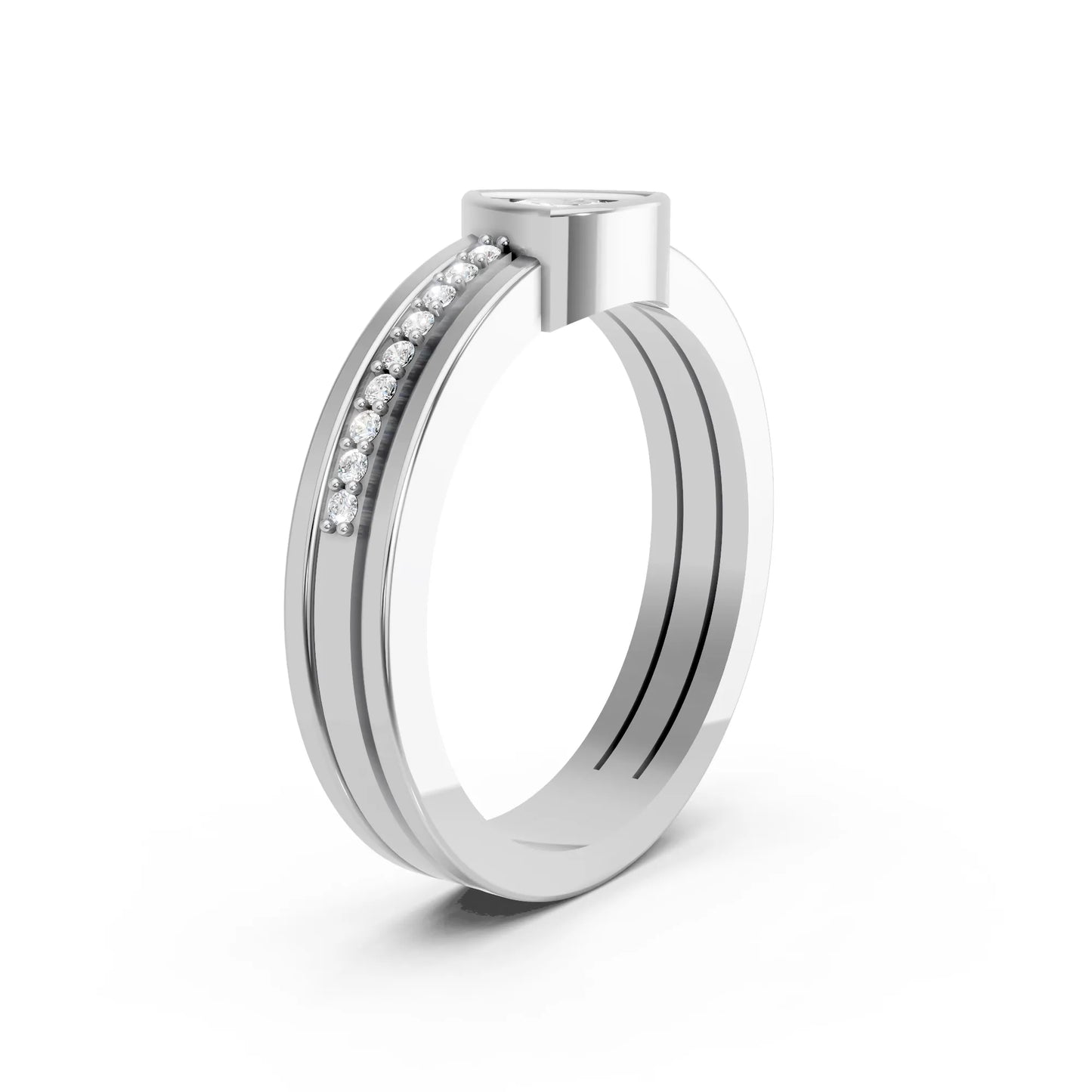 14K Gold Trillion Cut Diamond Double Band Bezel Engagement Ring with Accents