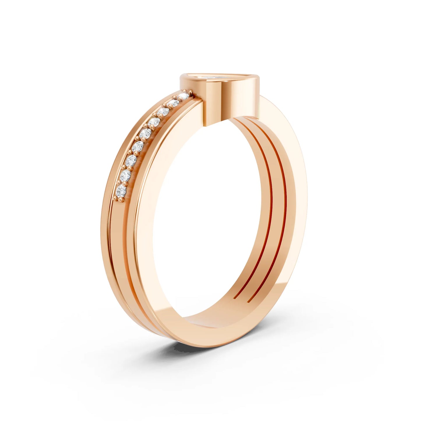 14K Gold Trillion Cut Diamond Double Band Bezel Engagement Ring with Accents