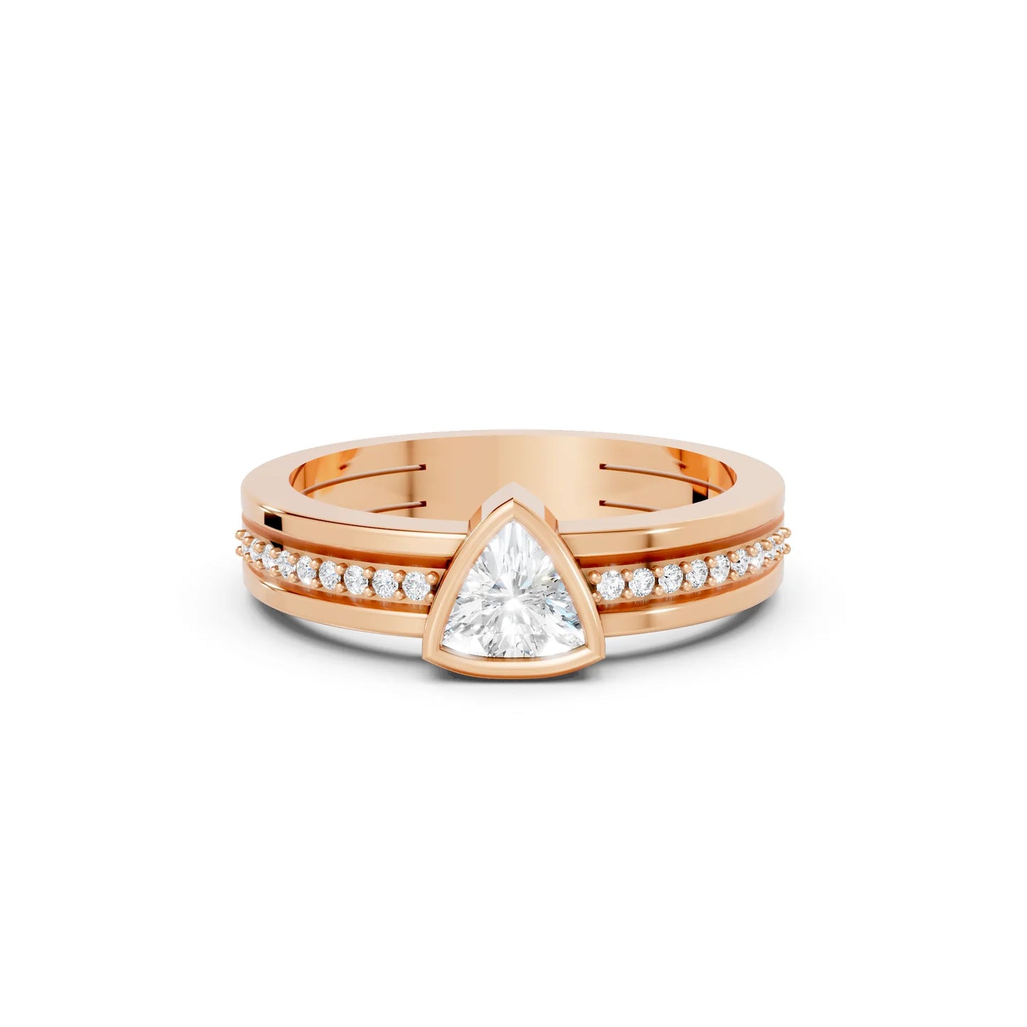 14K Gold Trillion Cut Diamond Double Band Bezel Engagement Ring with Accents