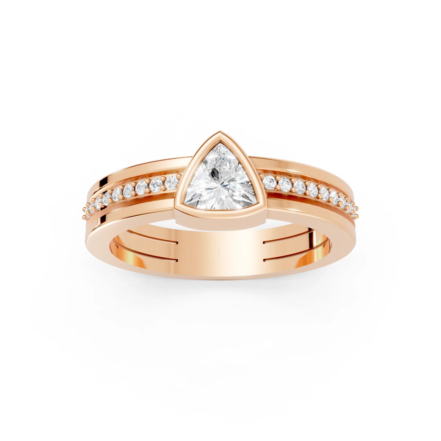 14K Gold Trillion Cut Diamond Double Band Bezel Engagement Ring with Accents