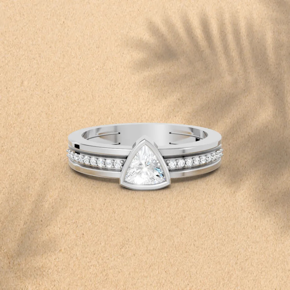 14K Gold Trillion Cut Diamond Double Band Bezel Engagement Ring with Accents