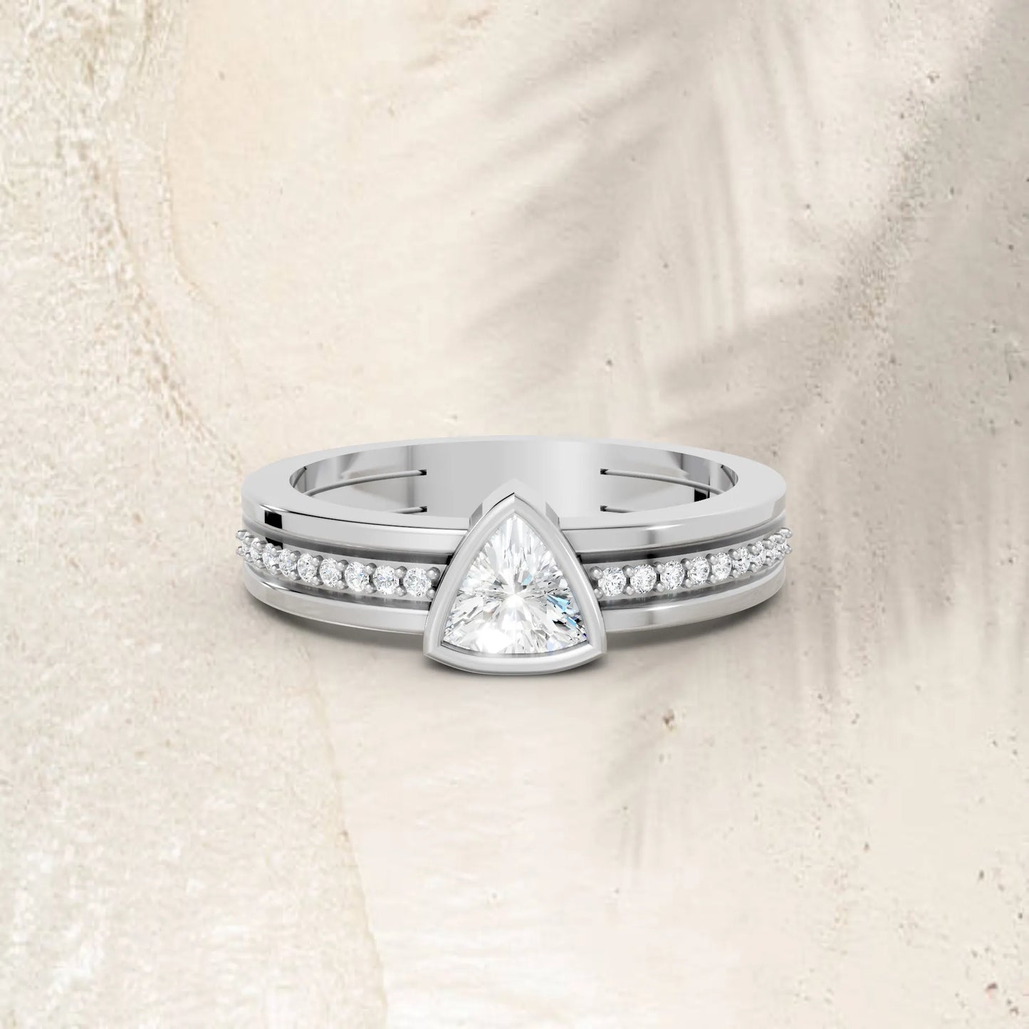 14K Gold Trillion Cut Diamond Double Band Bezel Engagement Ring with Accents