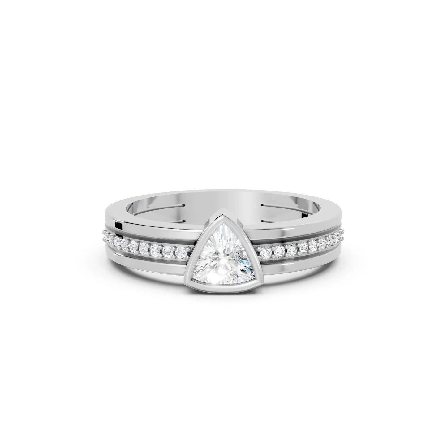 14K Gold Trillion Cut Diamond Double Band Bezel Engagement Ring with Accents