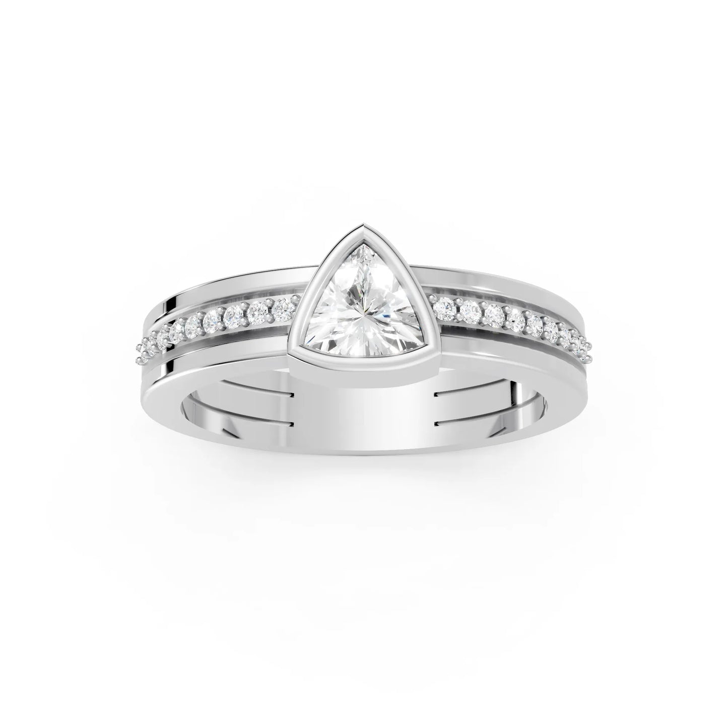 14K Gold Trillion Cut Diamond Double Band Bezel Engagement Ring with Accents