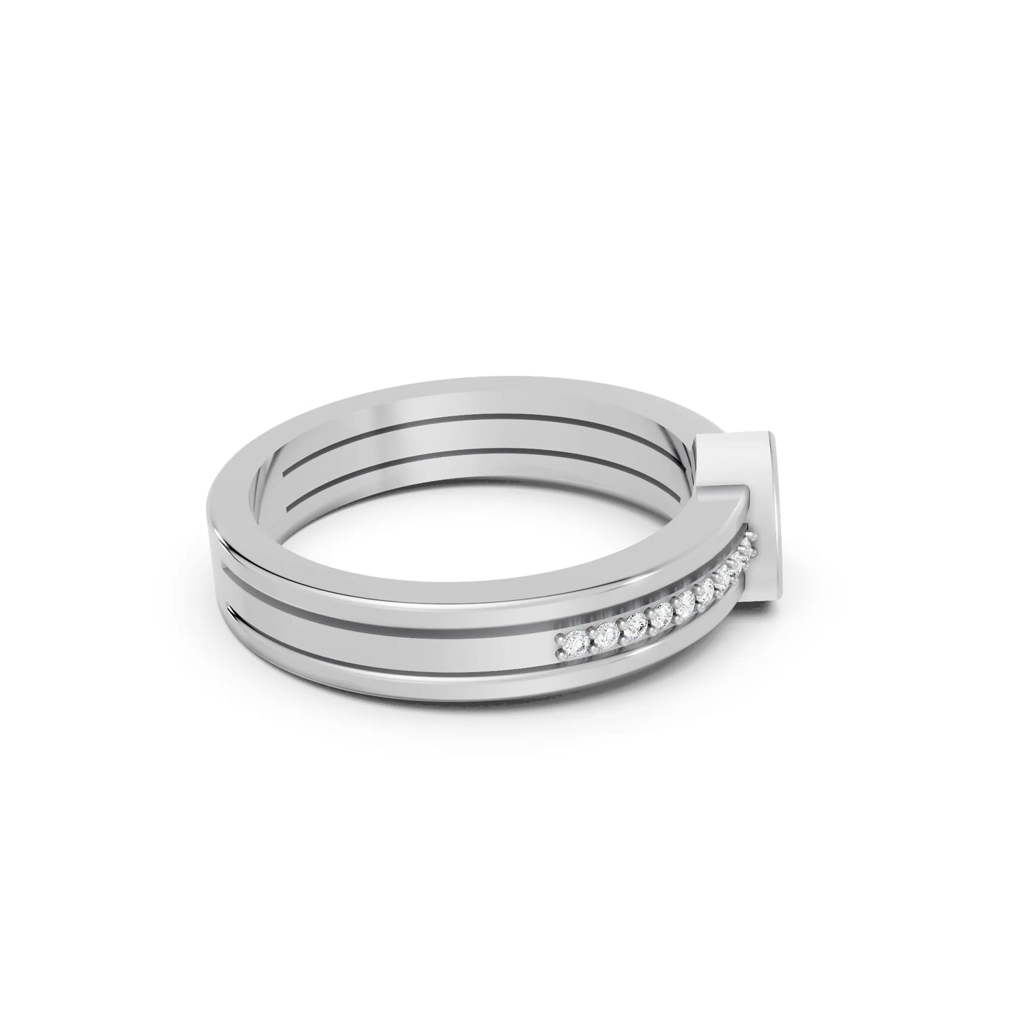 14K Gold Trillion Cut Diamond Double Band Bezel Engagement Ring with Accents