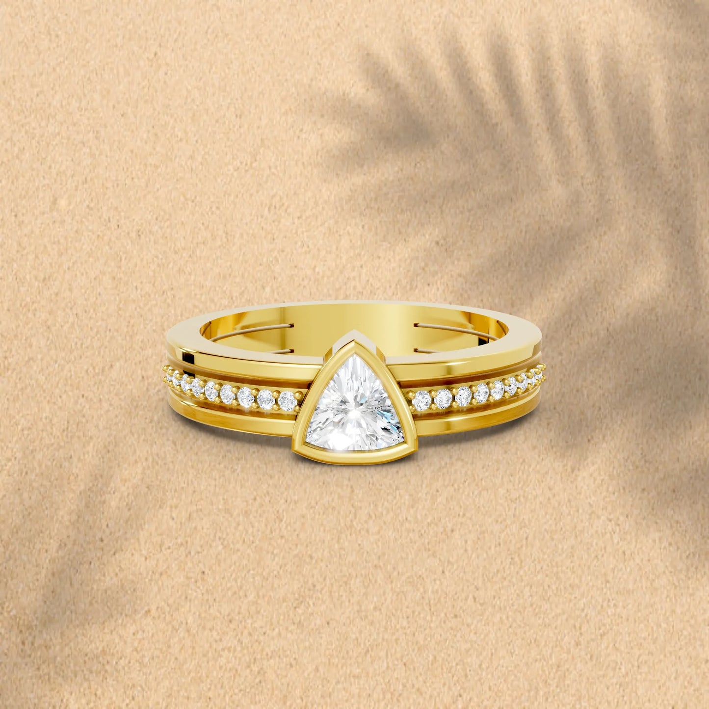 14K Gold Trillion Cut Diamond Double Band Bezel Engagement Ring with Accents