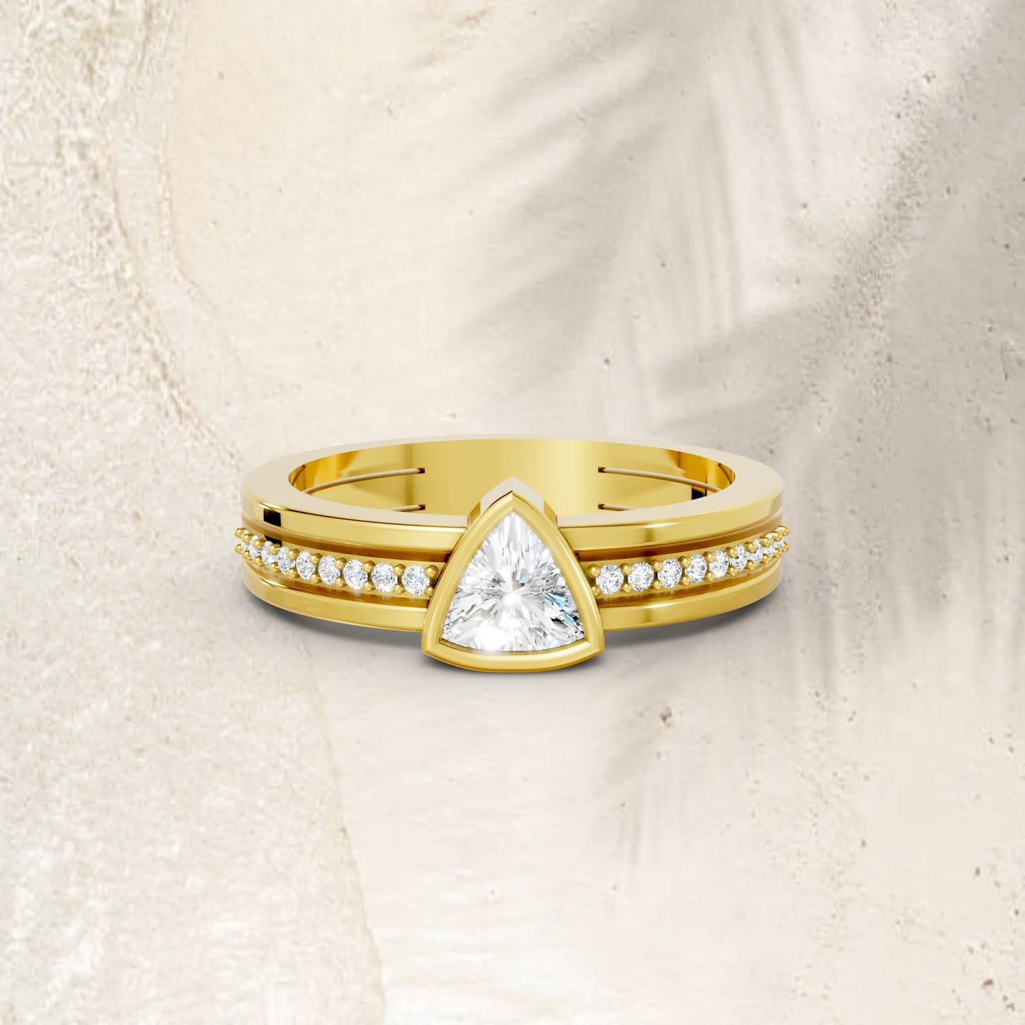 14K Gold Trillion Cut Diamond Double Band Bezel Engagement Ring with Accents