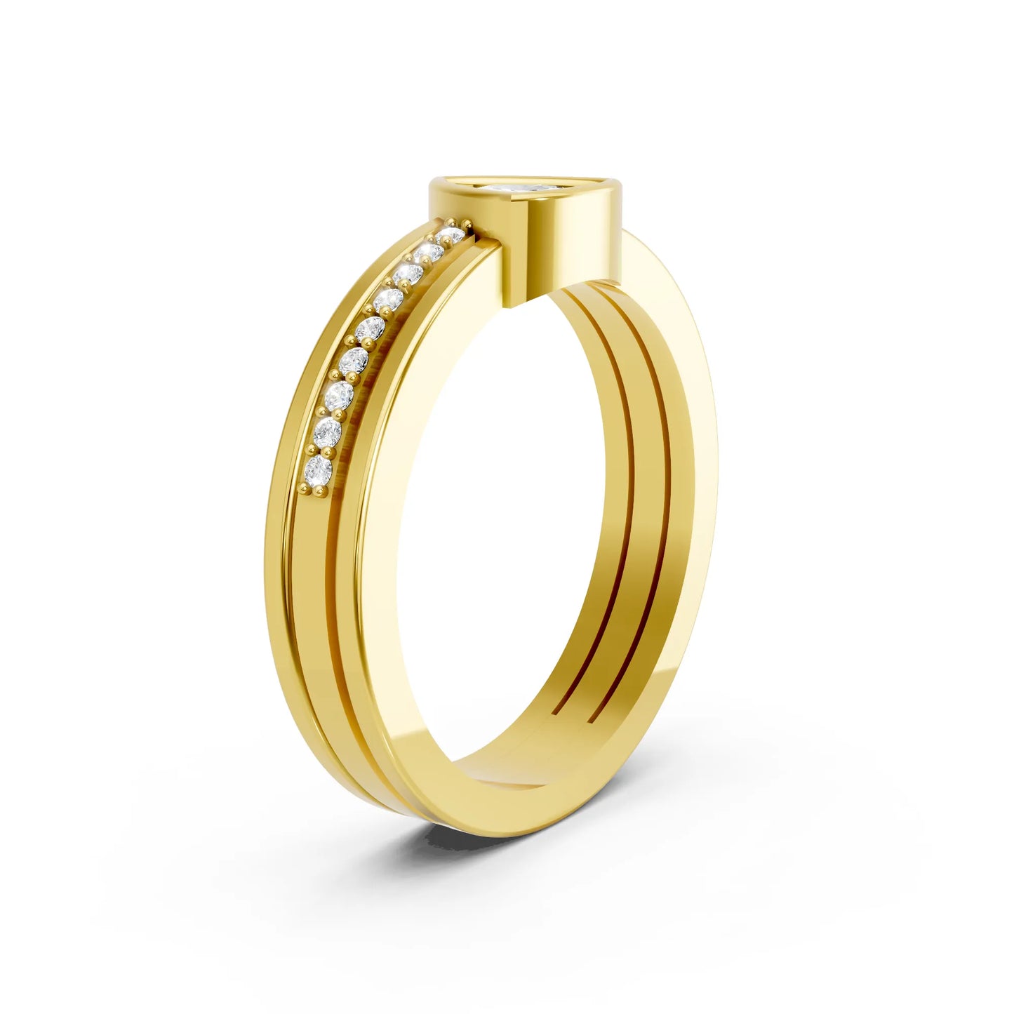 14K Gold Trillion Cut Diamond Double Band Bezel Engagement Ring with Accents