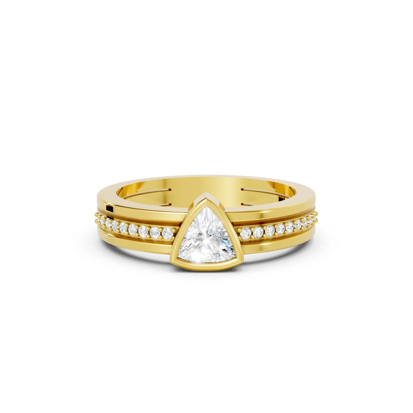14K Gold Trillion Cut Diamond Double Band Bezel Engagement Ring with Accents