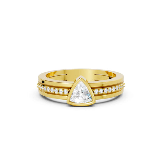 14K Gold Trillion Cut Diamond Double Band Bezel Engagement Ring with Accents