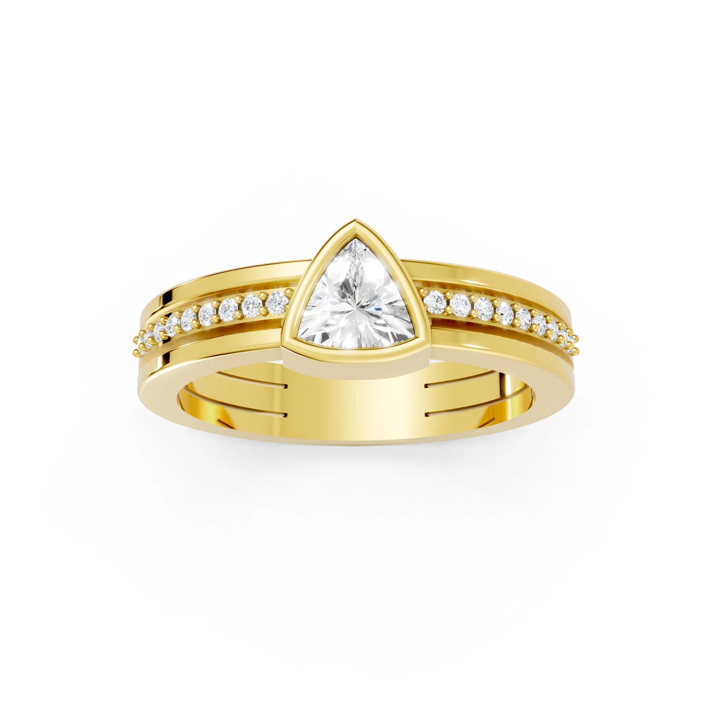 14K Gold Trillion Cut Diamond Double Band Bezel Engagement Ring with Accents