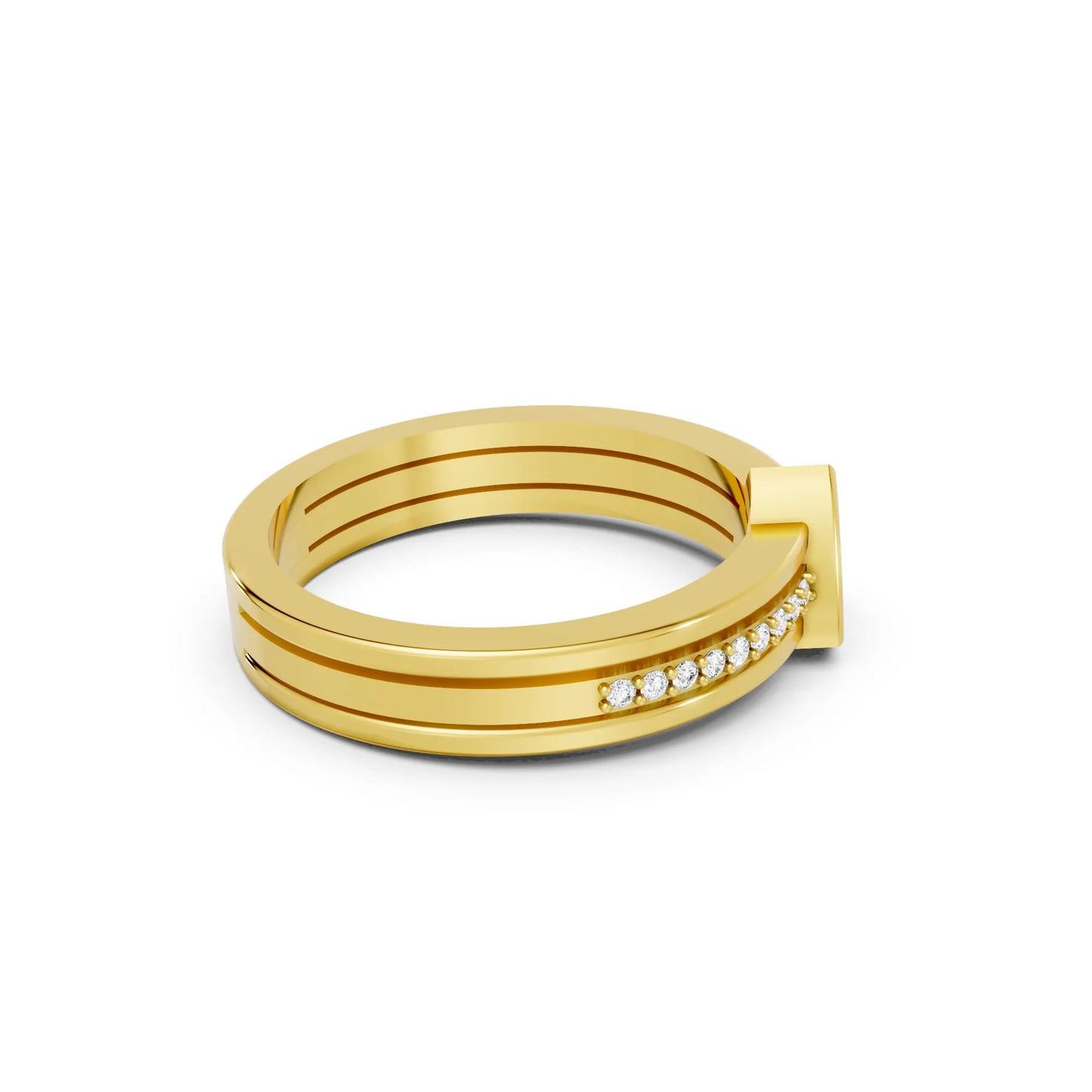 14K Gold Trillion Cut Diamond Double Band Bezel Engagement Ring with Accents