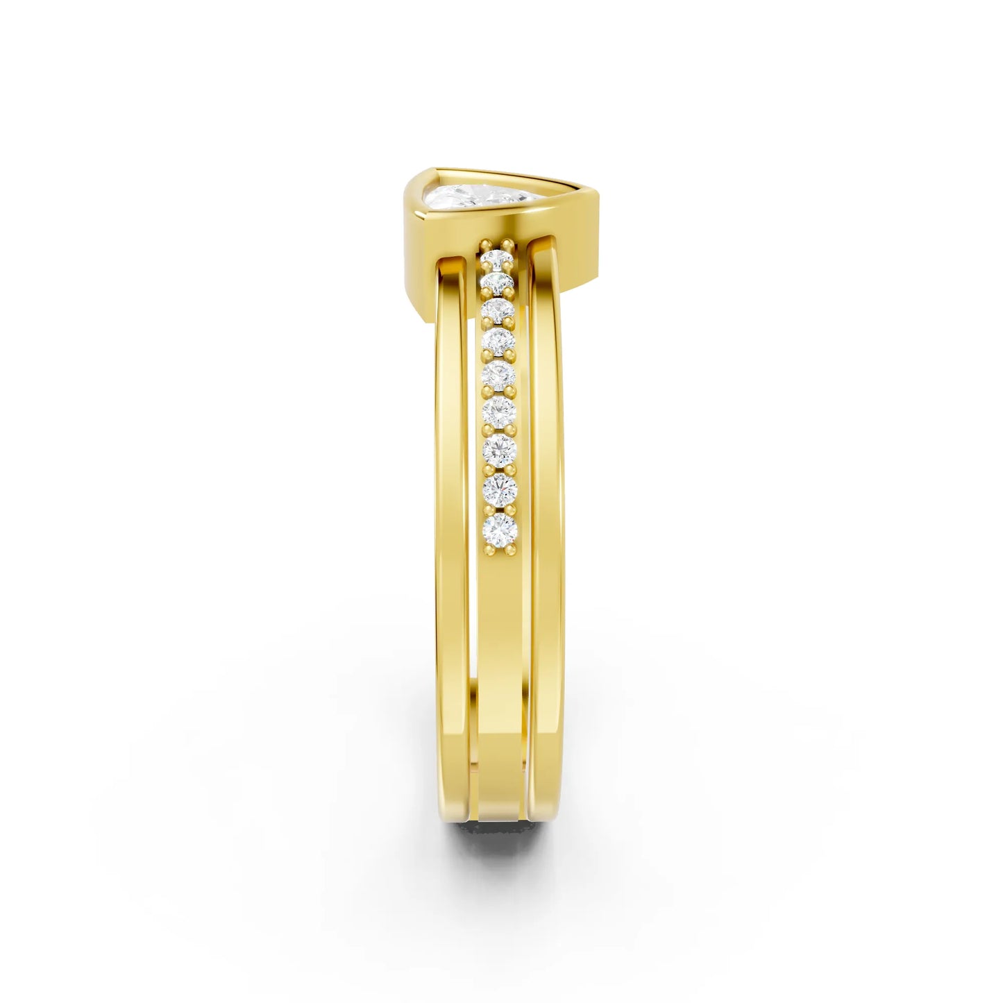 14K Gold Trillion Cut Diamond Double Band Bezel Engagement Ring with Accents