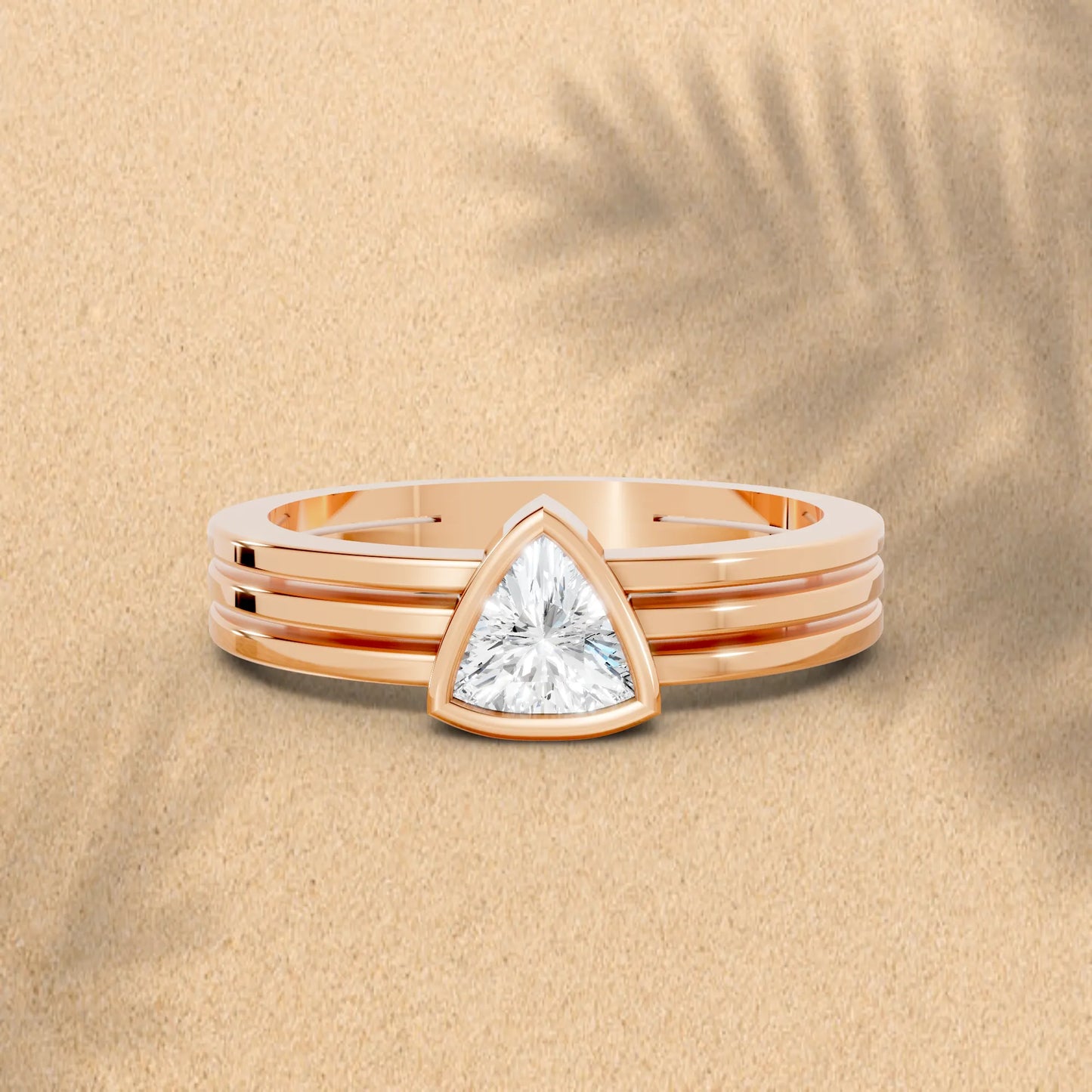 14K Gold Trillion Cut Diamond Double Band Bezel Engagement Ring