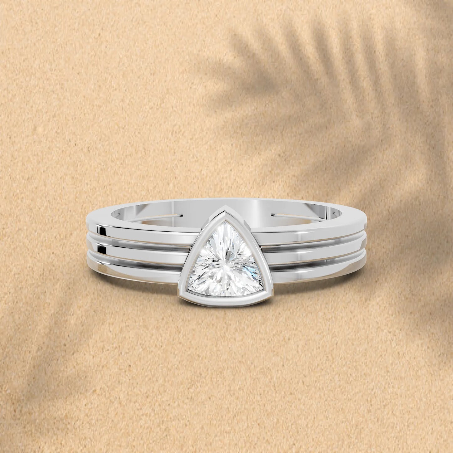 14K Gold Trillion Cut Diamond Double Band Bezel Engagement Ring