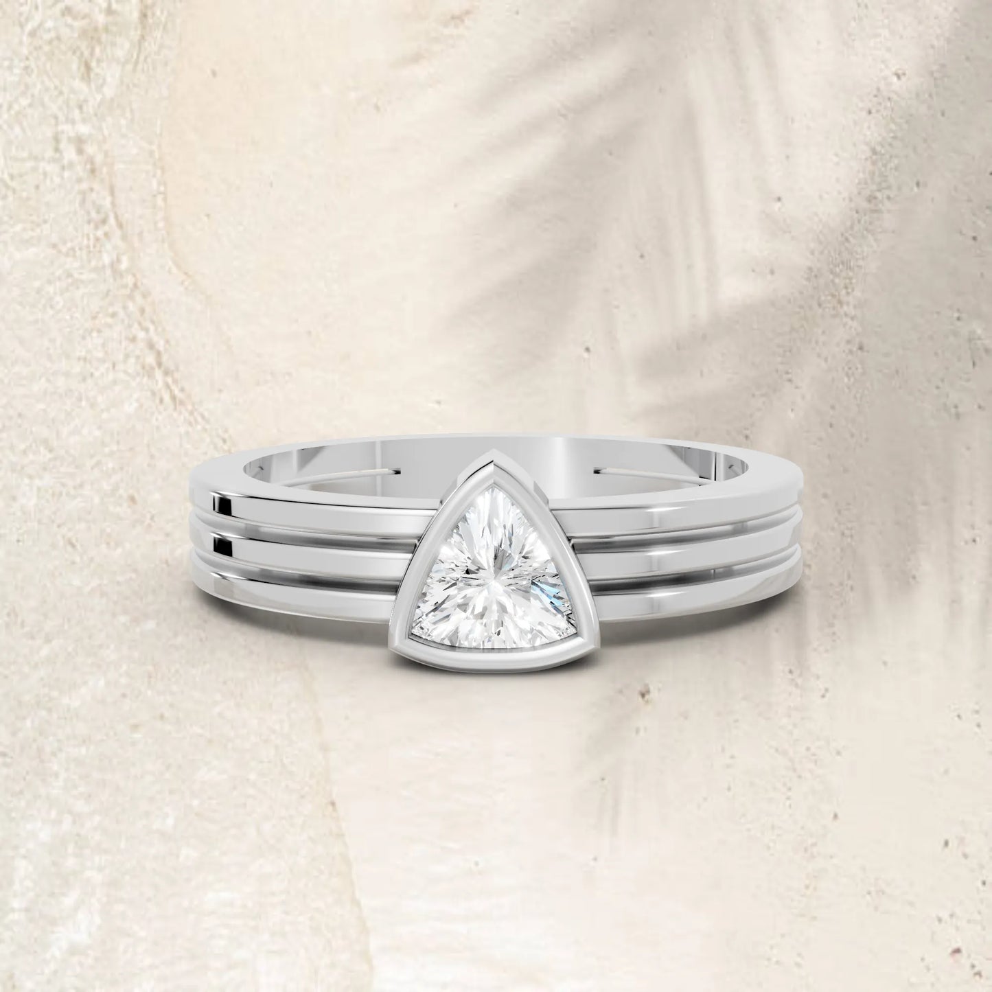 14K Gold Trillion Cut Diamond Double Band Bezel Engagement Ring