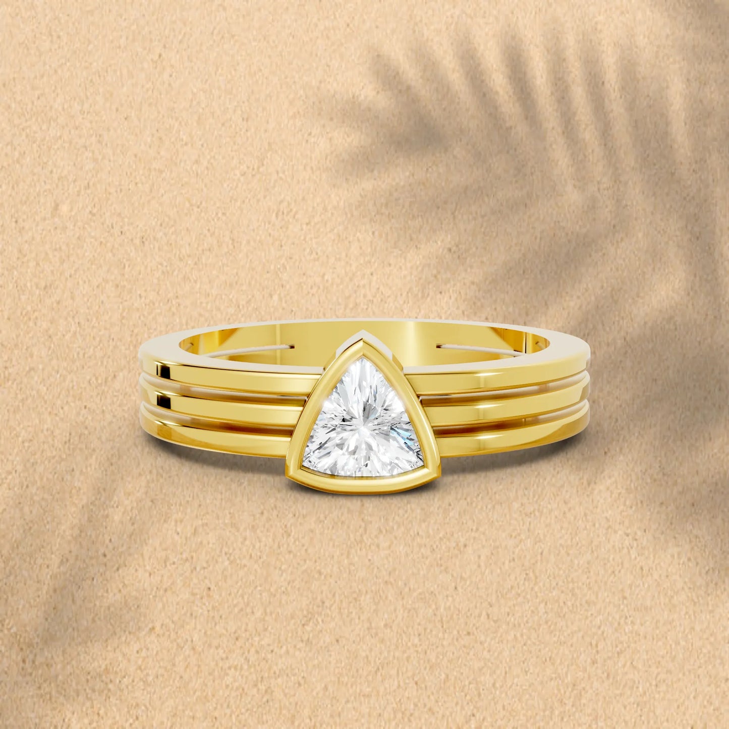 14K Gold Trillion Cut Diamond Double Band Bezel Engagement Ring