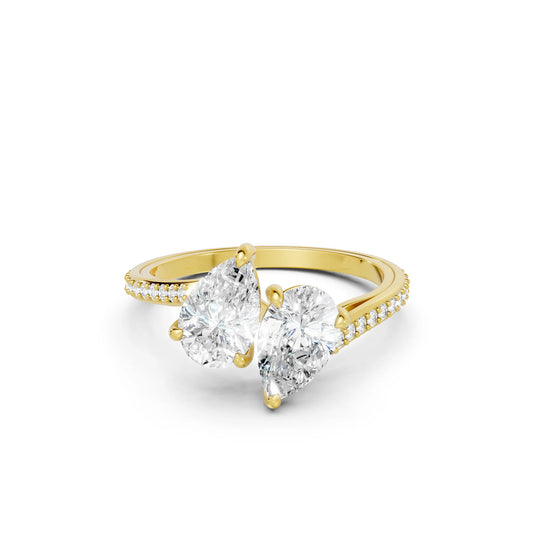 14K Gold Pear Cut Diamond Toi et Moi Kissing Engagement Ring with Side Accents