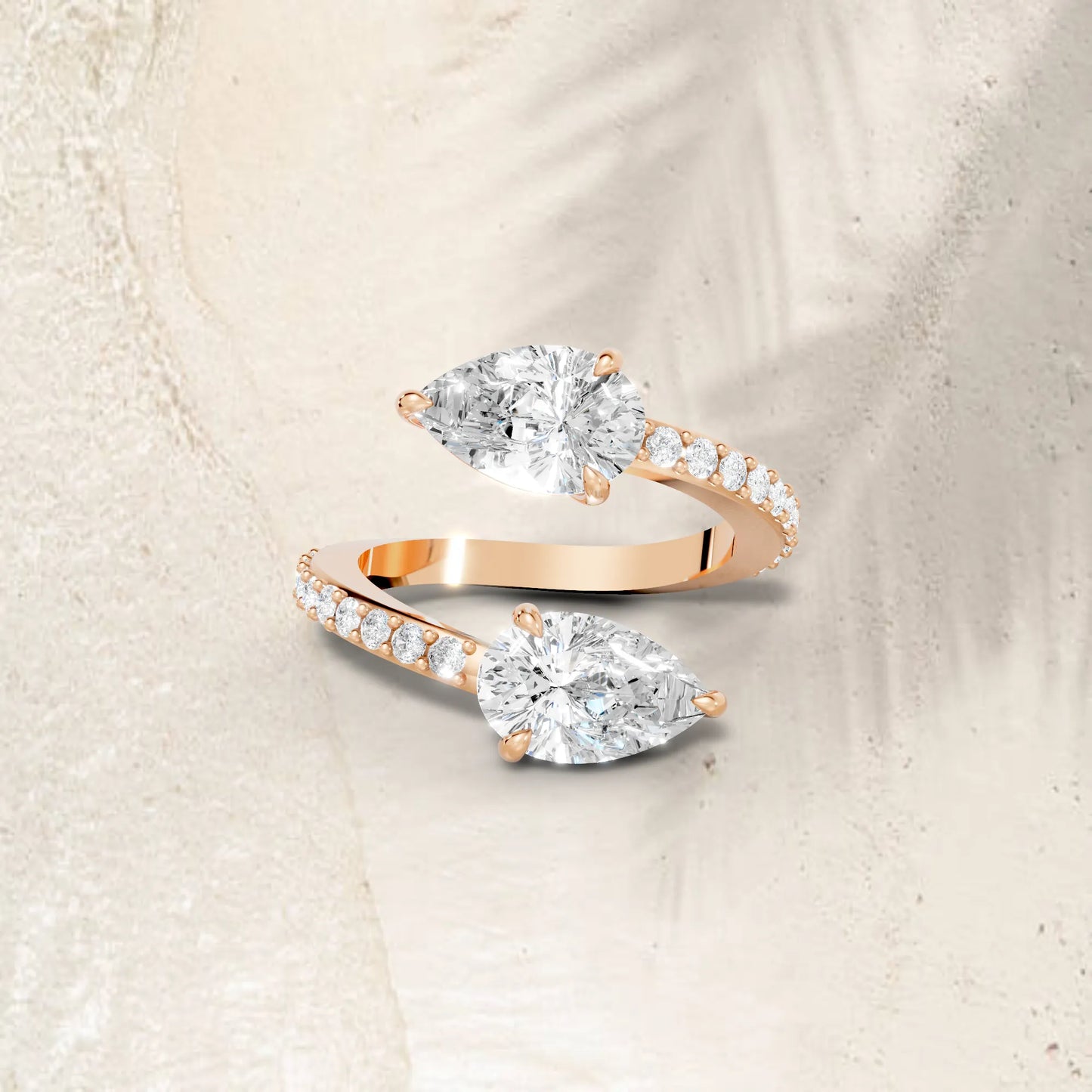 14K Gold Pear Cut Diamond Toi et Moi Bypass Engagement Ring with Side Accents