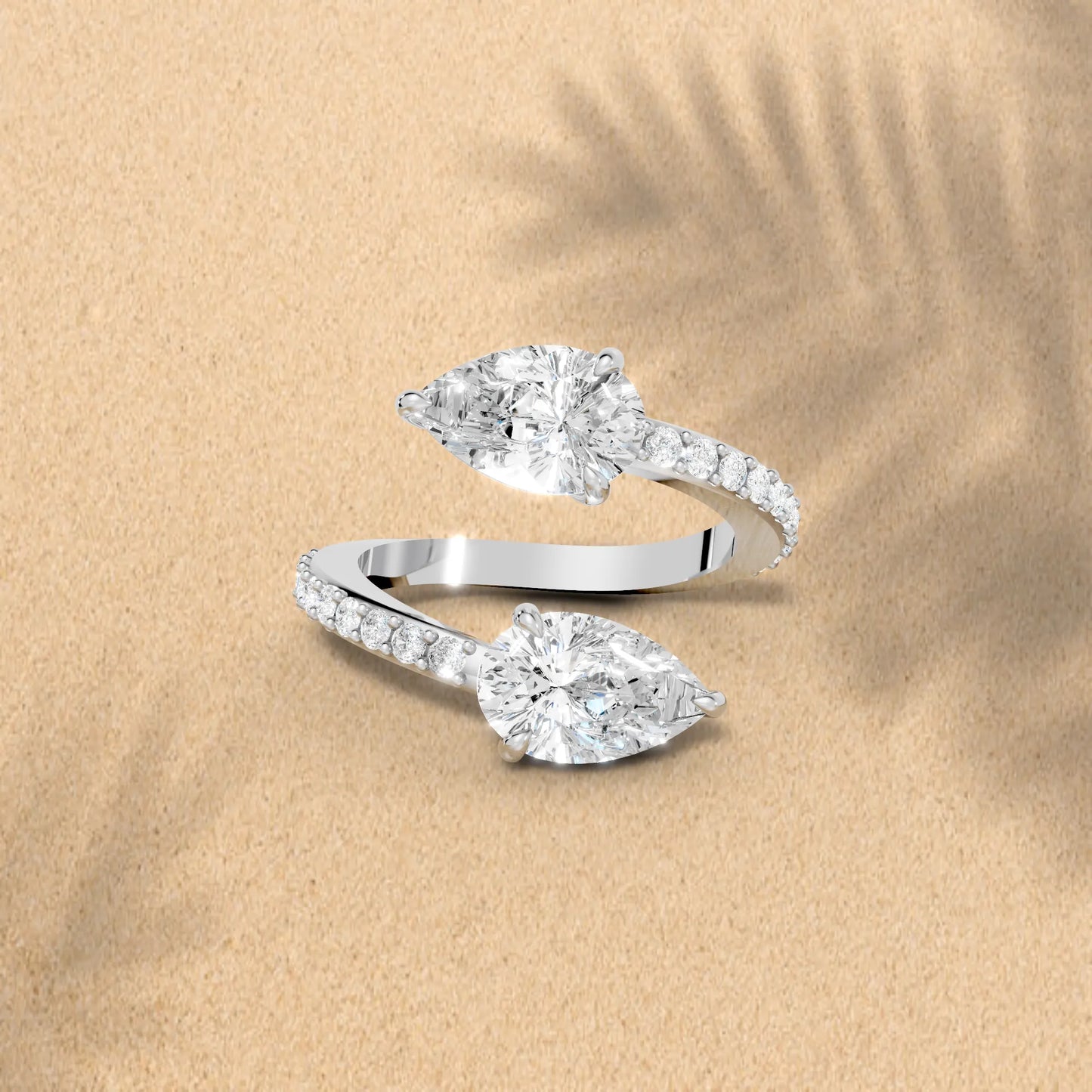 14K Gold Pear Cut Diamond Toi et Moi Bypass Engagement Ring with Side Accents