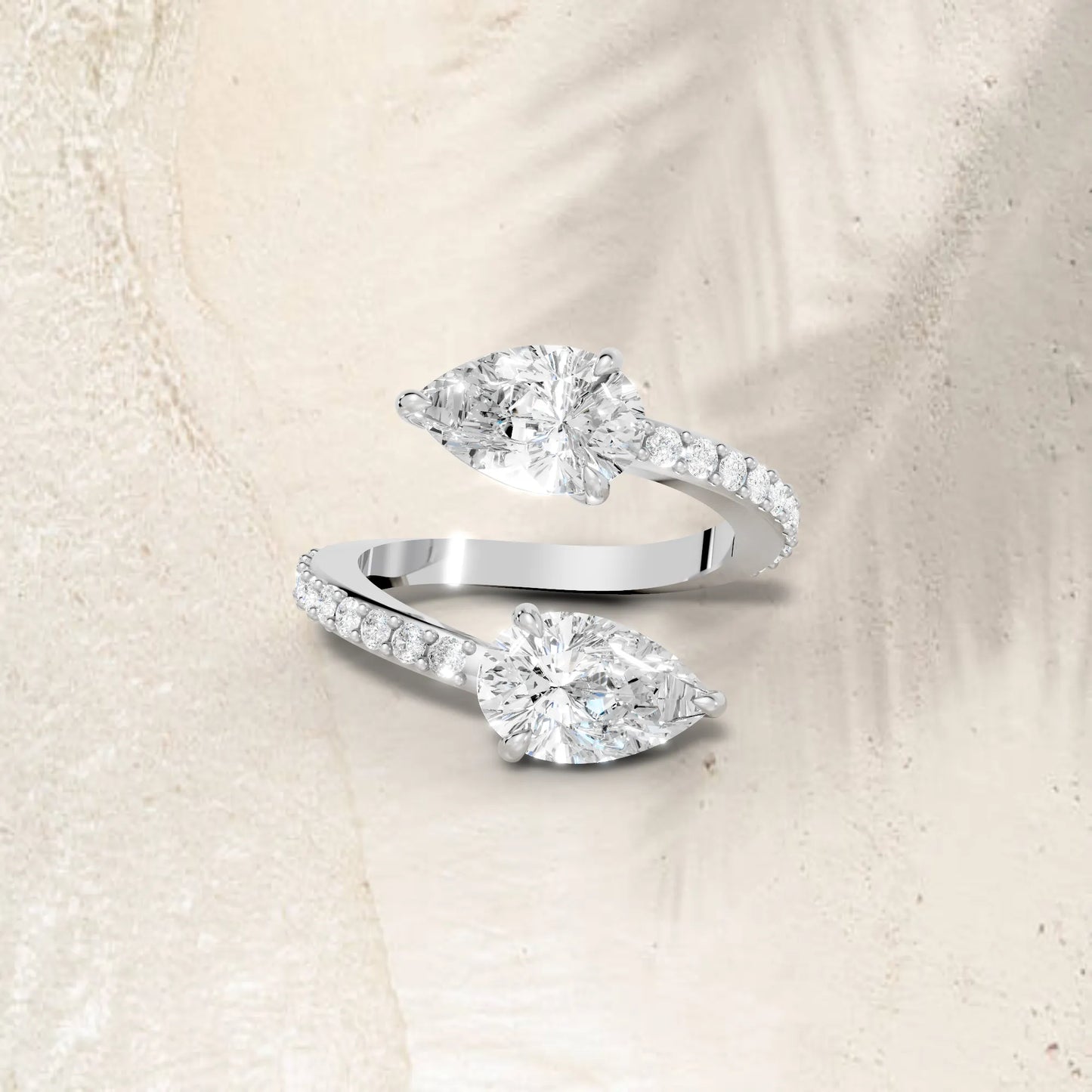 14K Gold Pear Cut Diamond Toi et Moi Bypass Engagement Ring with Side Accents