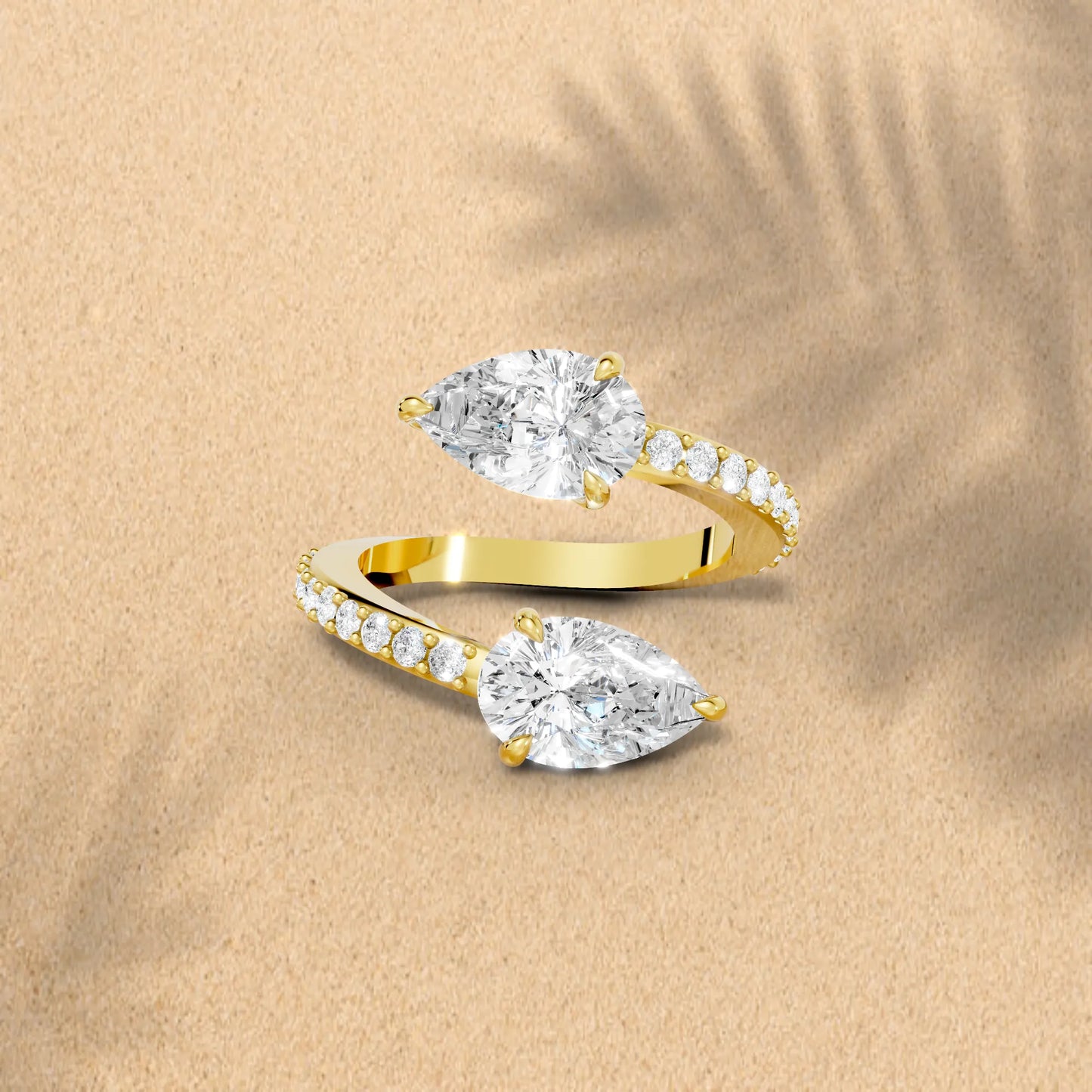 14K Gold Pear Cut Diamond Toi et Moi Bypass Engagement Ring with Side Accents