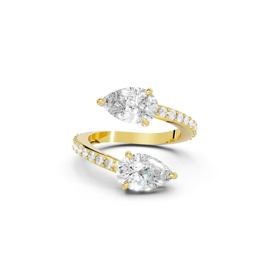 14K Gold Pear Cut Diamond Toi et Moi Bypass Engagement Ring with Side Accents