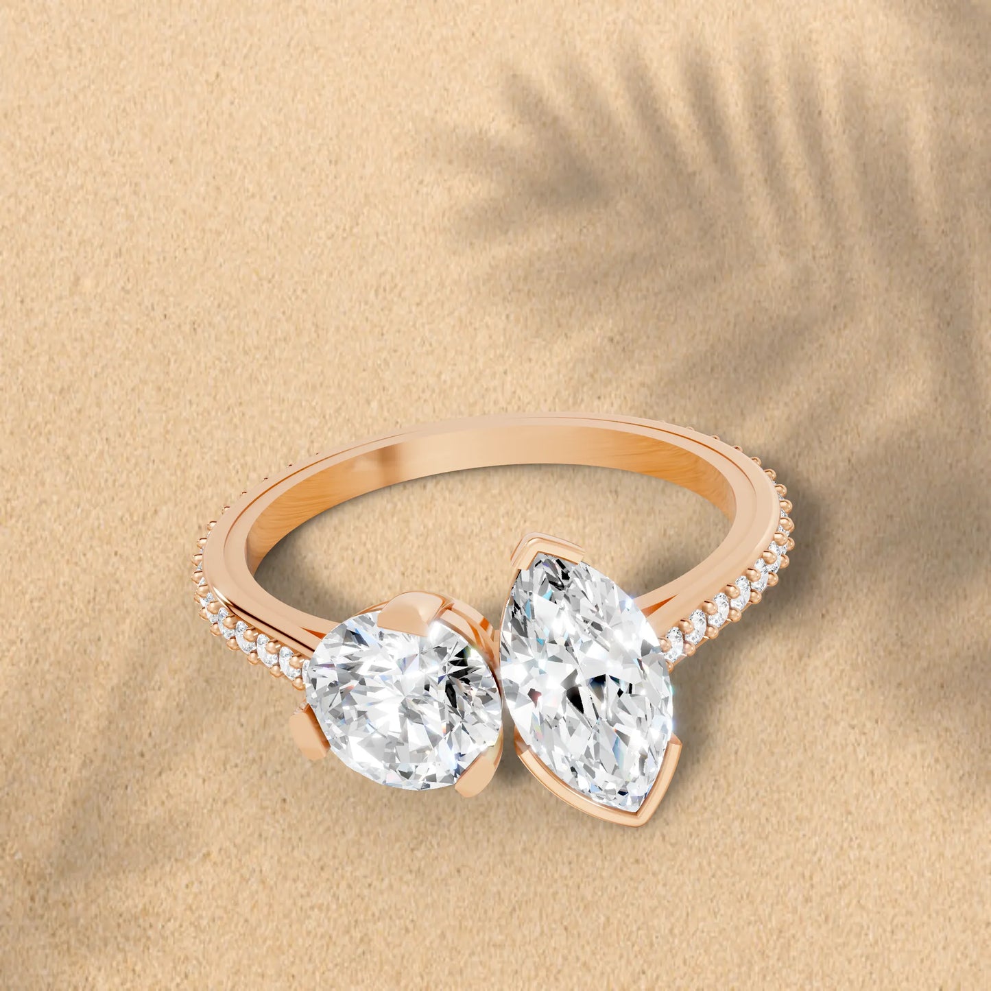 14K Gold Round and Marquise Cut Diamond Toi et Moi Engagement Ring with Side Accents