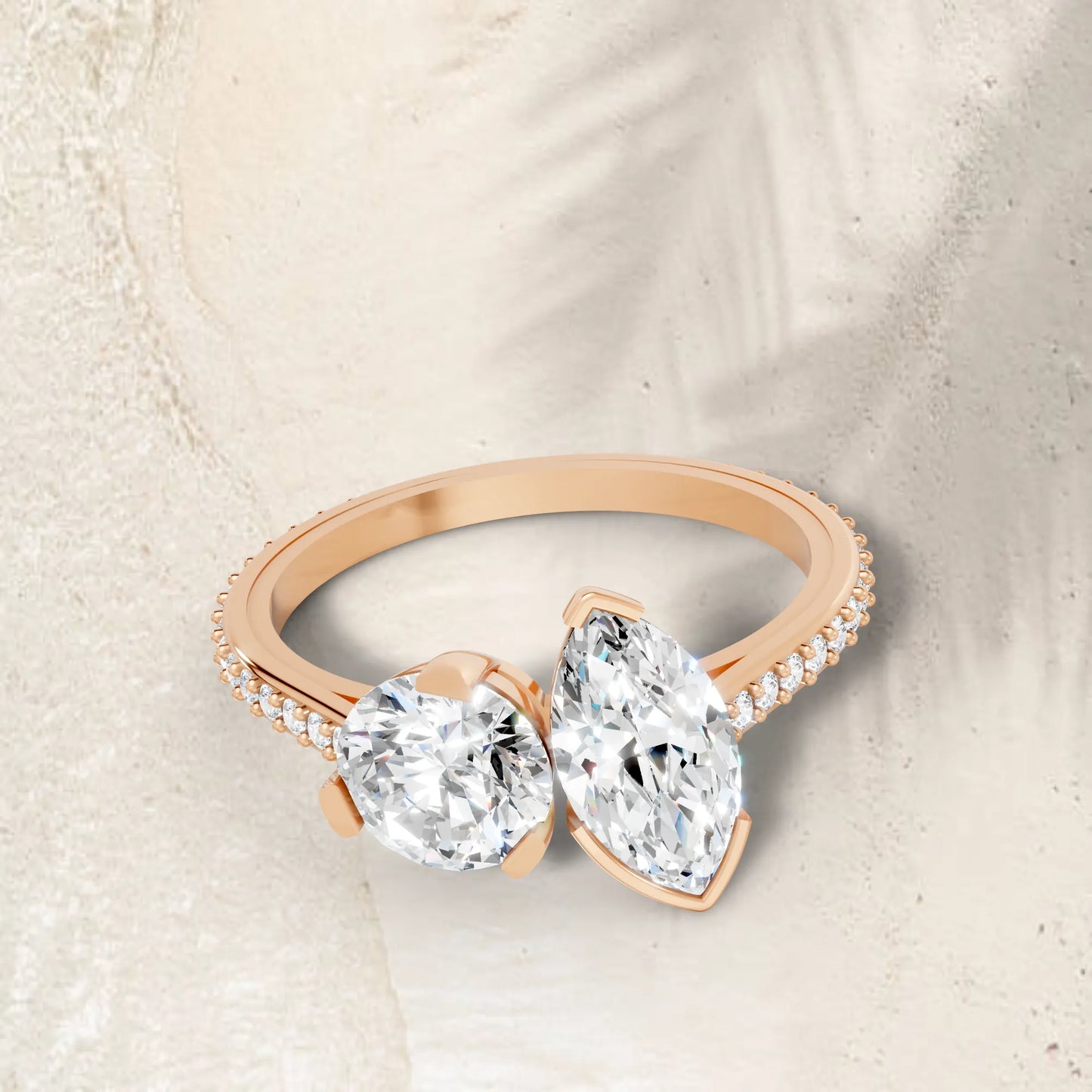 14K Gold Round and Marquise Cut Diamond Toi et Moi Engagement Ring with Side Accents