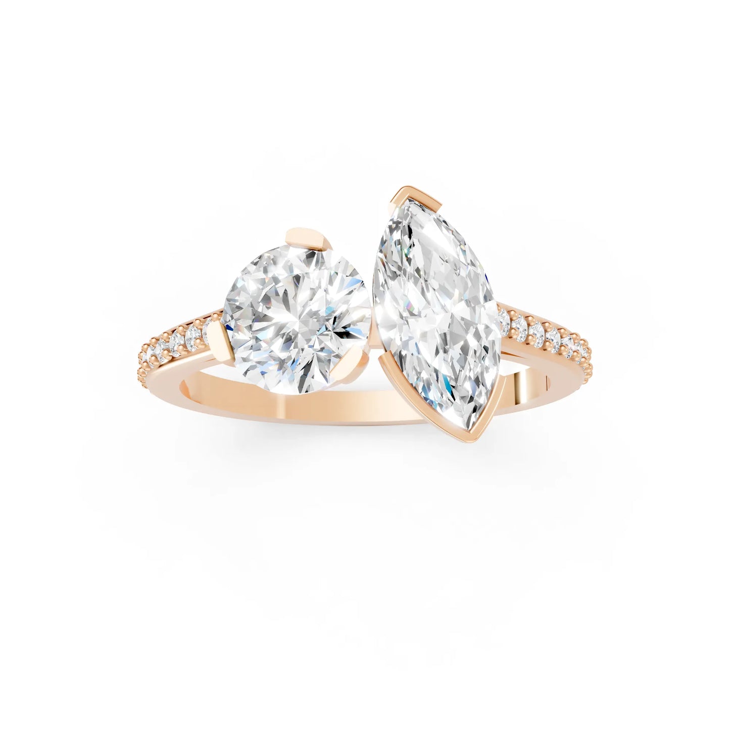 14K Gold Round and Marquise Cut Diamond Toi et Moi Engagement Ring with Side Accents