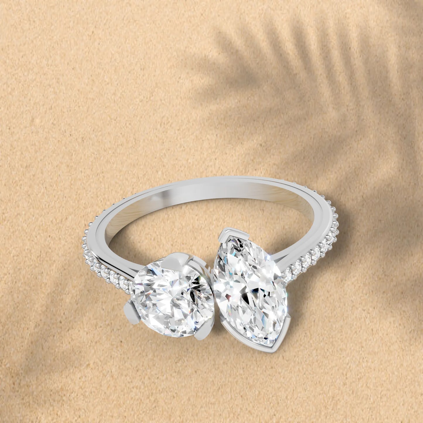 14K Gold Round and Marquise Cut Diamond Toi et Moi Engagement Ring with Side Accents