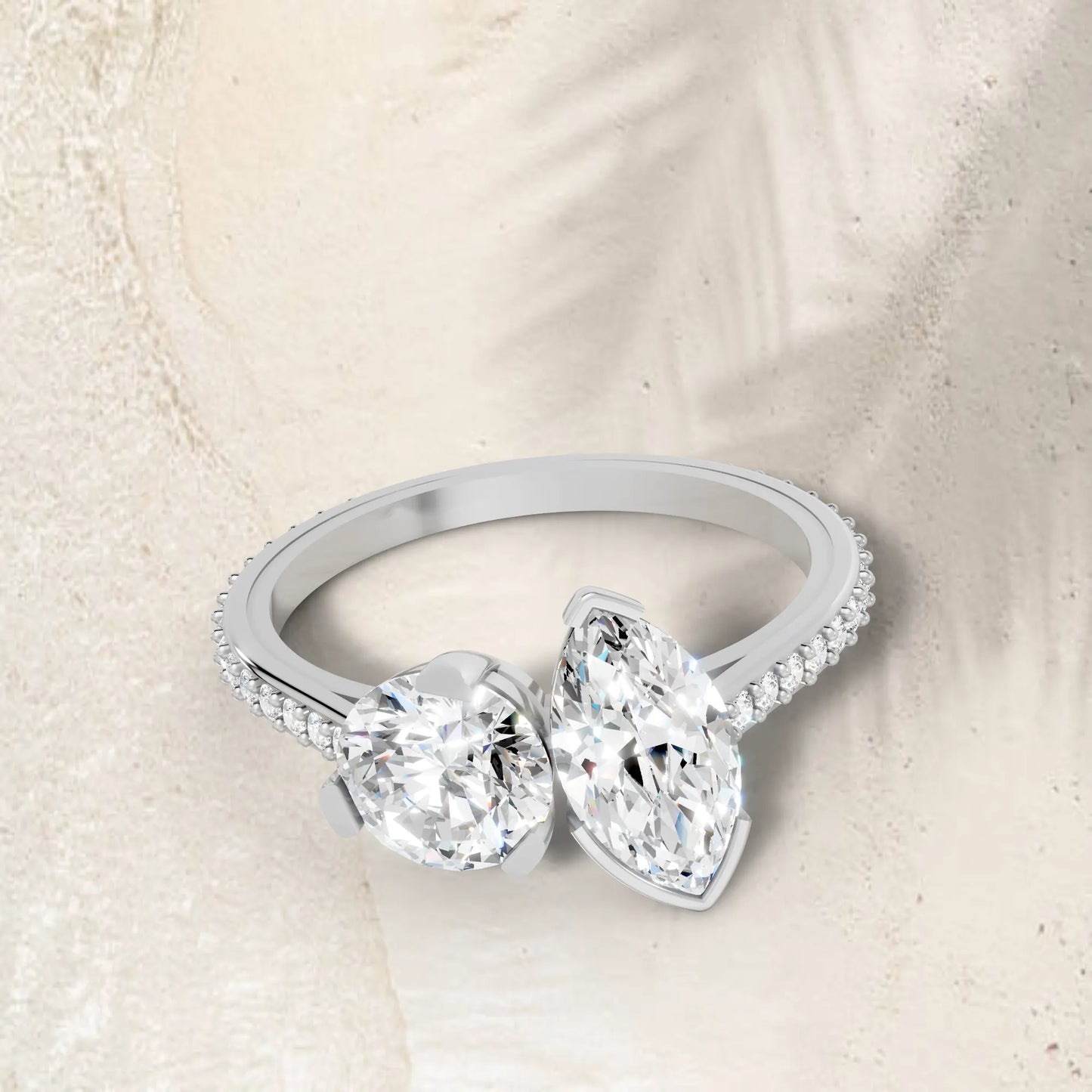 14K Gold Round and Marquise Cut Diamond Toi et Moi Engagement Ring with Side Accents