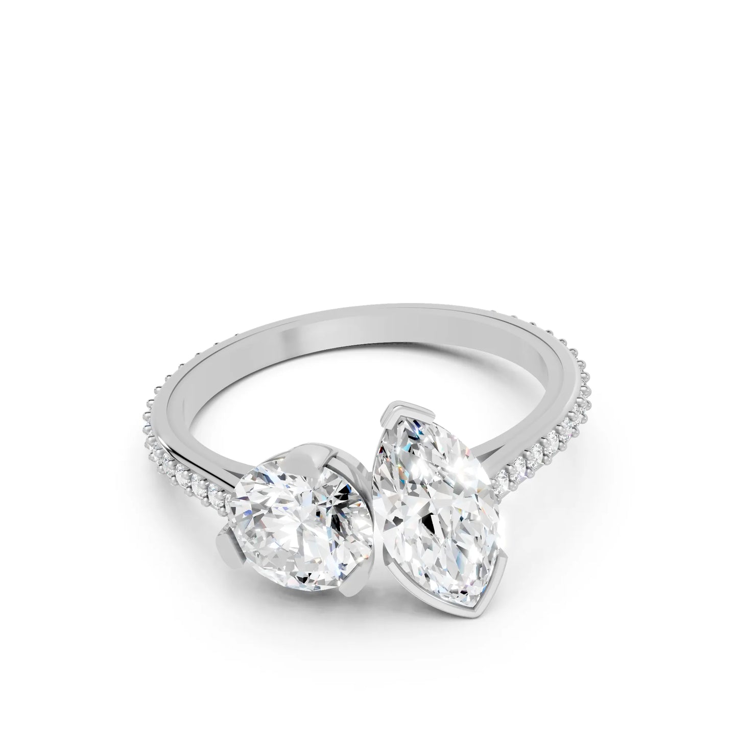 14K Gold Round and Marquise Cut Diamond Toi et Moi Engagement Ring with Side Accents