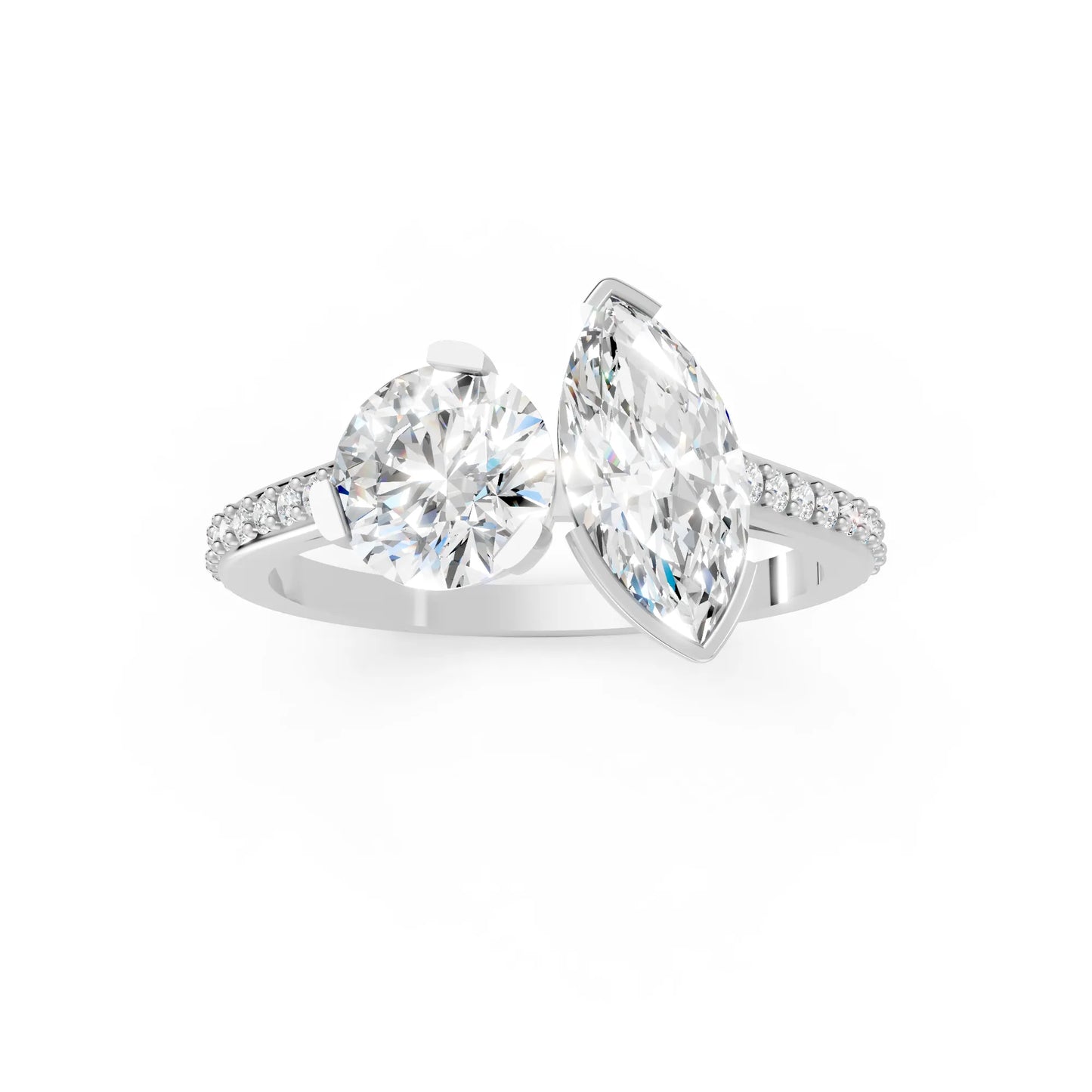 14K Gold Round and Marquise Cut Diamond Toi et Moi Engagement Ring with Side Accents