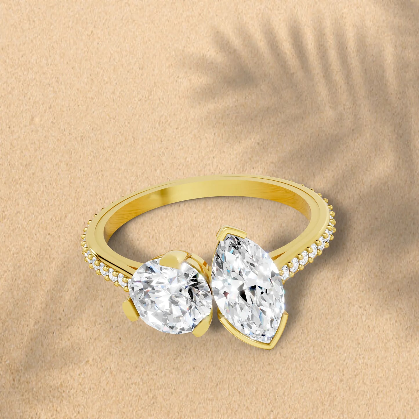 14K Gold Round and Marquise Cut Diamond Toi et Moi Engagement Ring with Side Accents