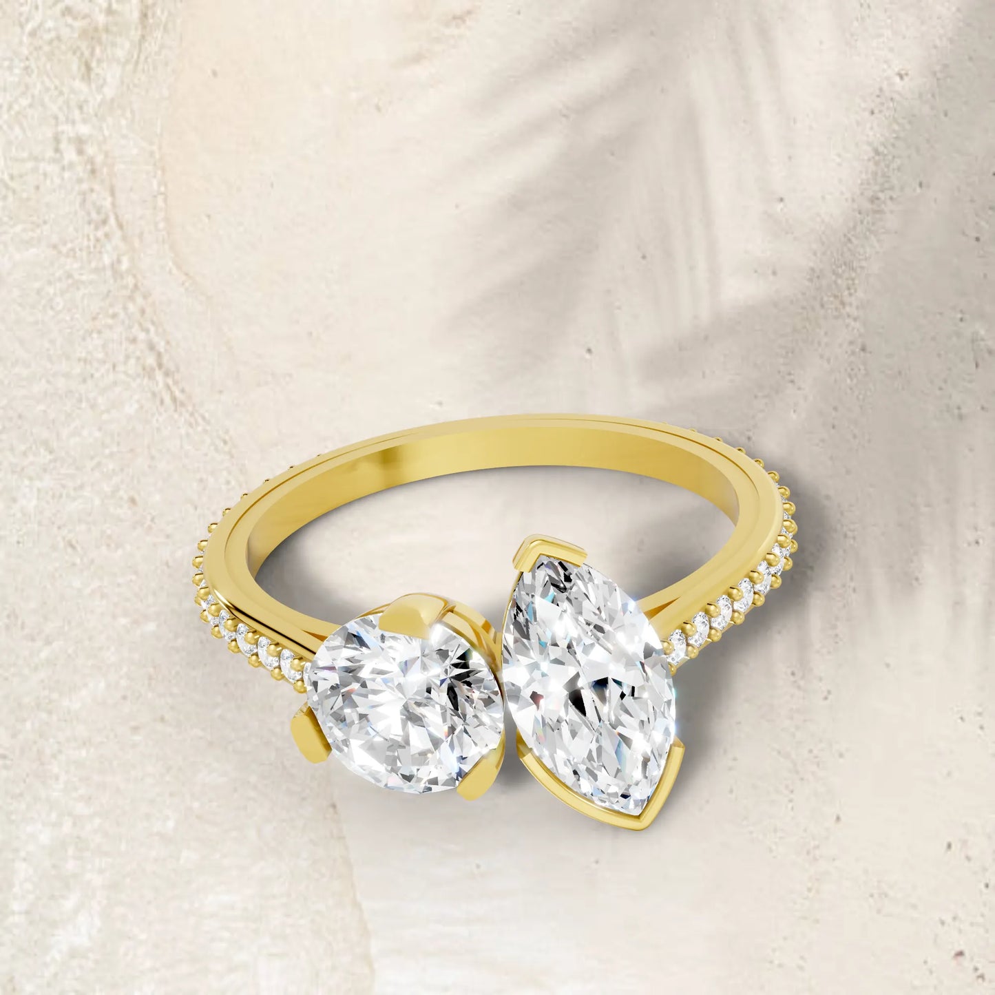 14K Gold Round and Marquise Cut Diamond Toi et Moi Engagement Ring with Side Accents