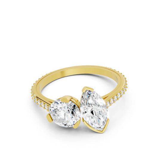 14K Gold Round and Marquise Cut Diamond Toi et Moi Engagement Ring with Side Accents